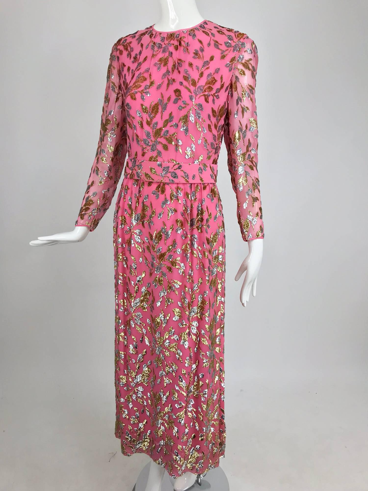 Adele Simpson pink silk metallic devore velvet maxi dress, 1960s 10