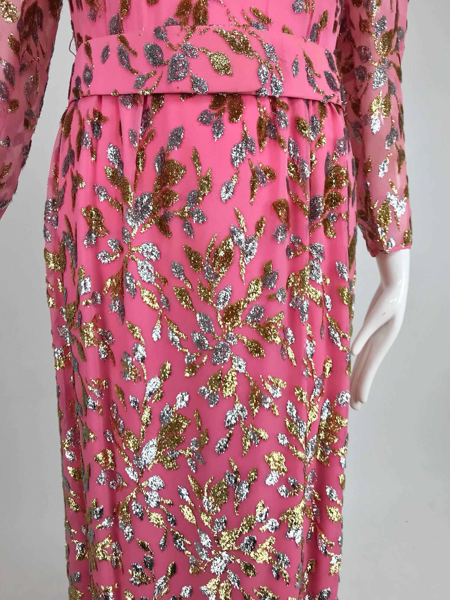 Pink Adele Simpson pink silk metallic devore velvet maxi dress, 1960s