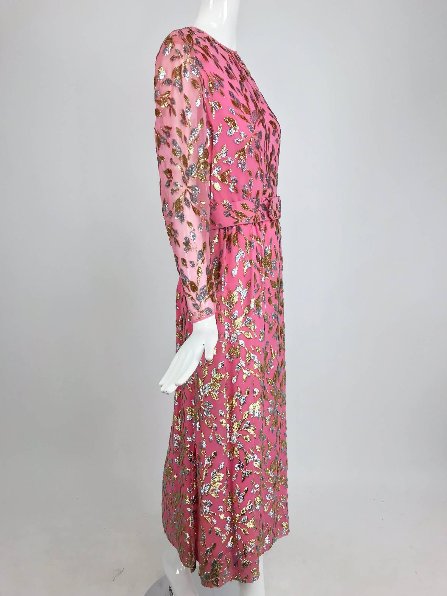 Women's Adele Simpson pink silk metallic devore velvet maxi dress, 1960s