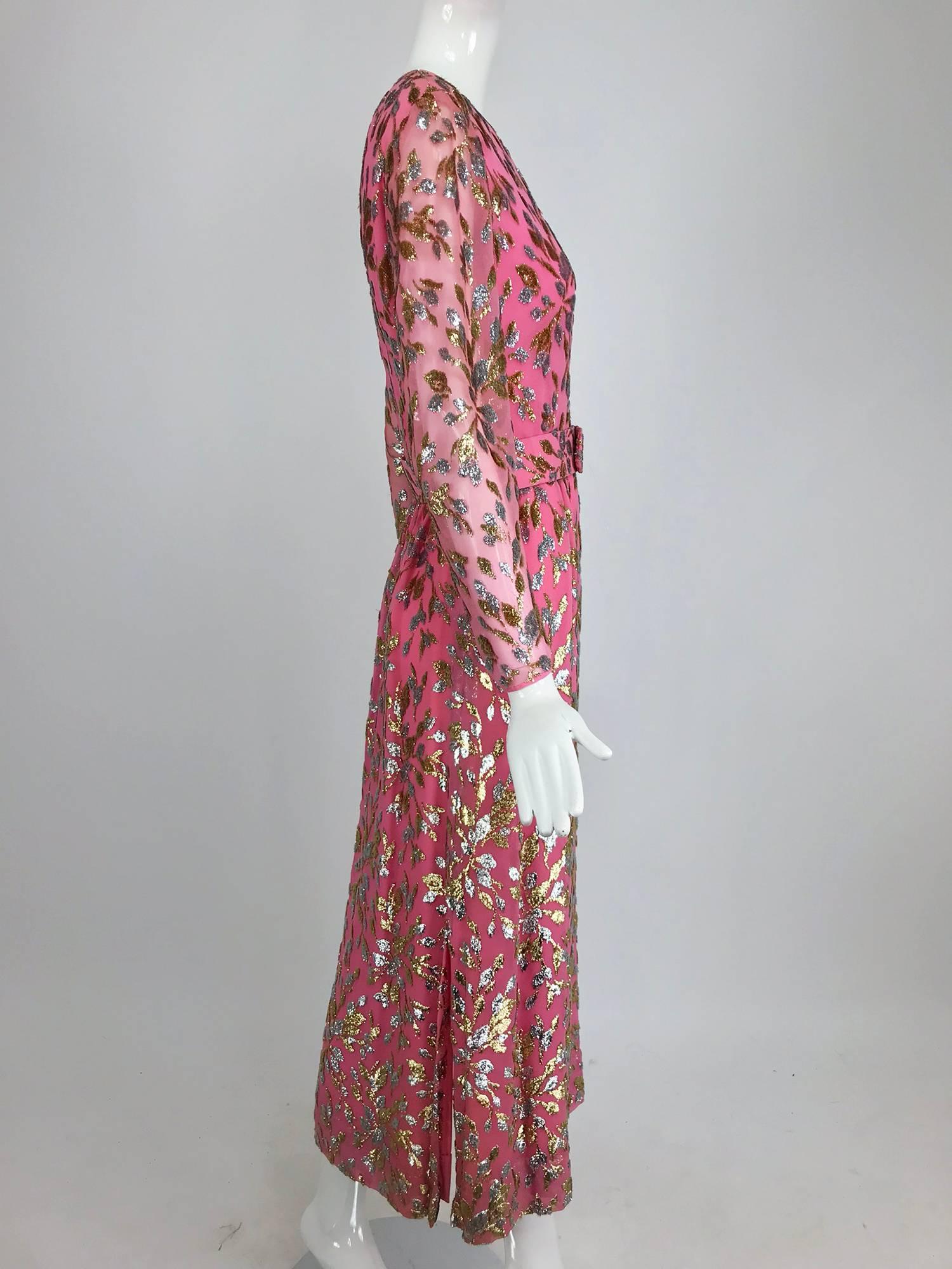 Adele Simpson pink silk metallic devore velvet maxi dress, 1960s 1