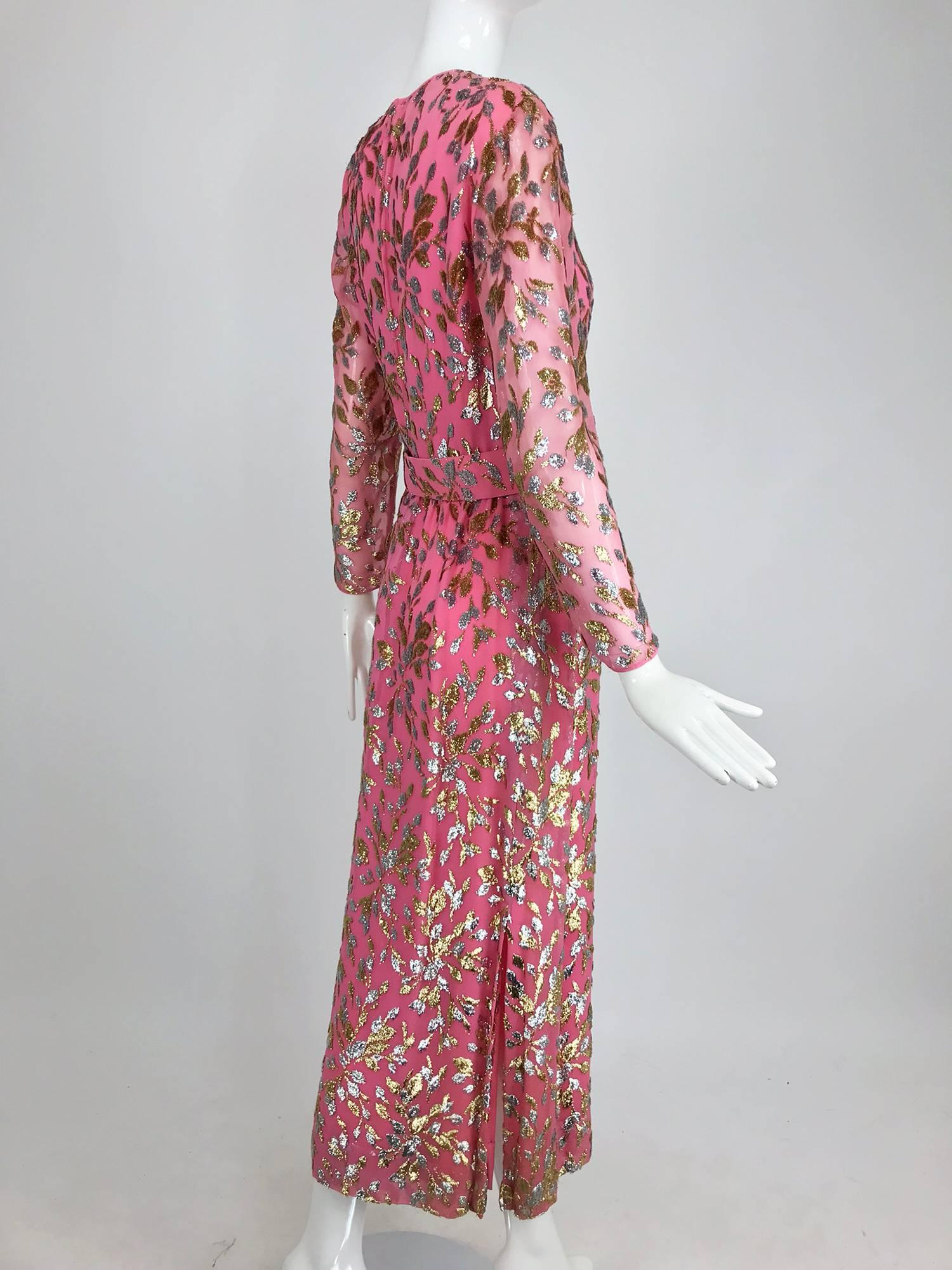 Adele Simpson pink silk metallic devore velvet maxi dress, 1960s 2