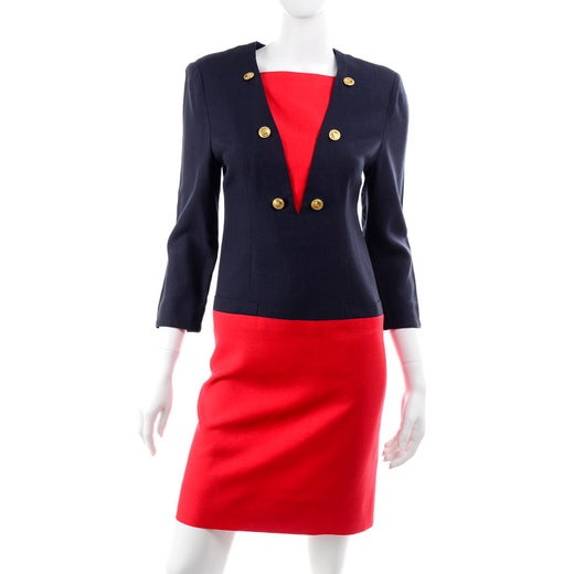 Adele Simpson Red And Navy Blue Linen Blend Sailor Inspired