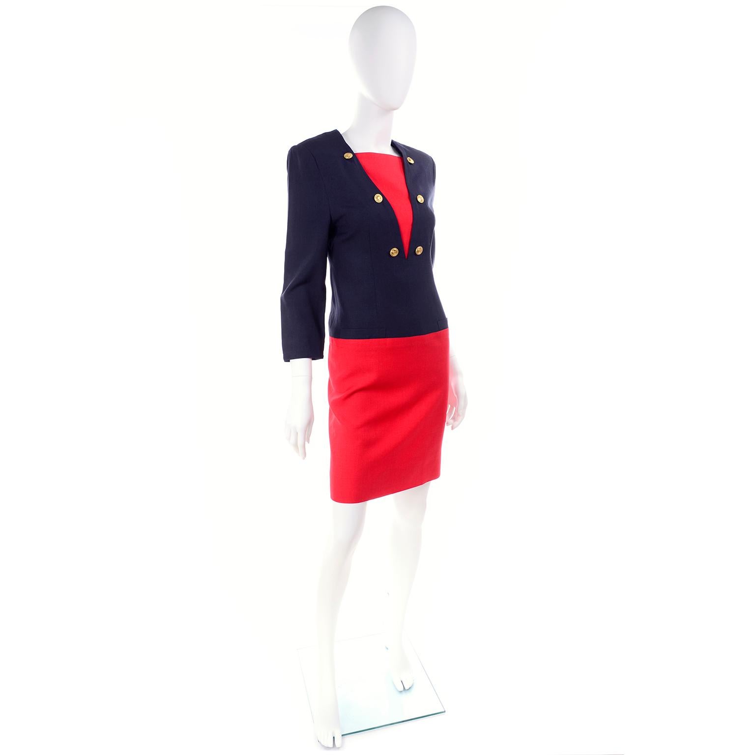 Adele Simpson Red And Navy Blue Linen Blend Sailor Inspired