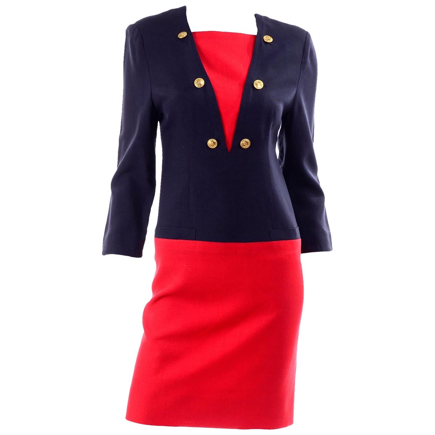 Adele Simpson Red And Navy Blue Linen Blend Sailor Inspired Vintage Dress For Sale