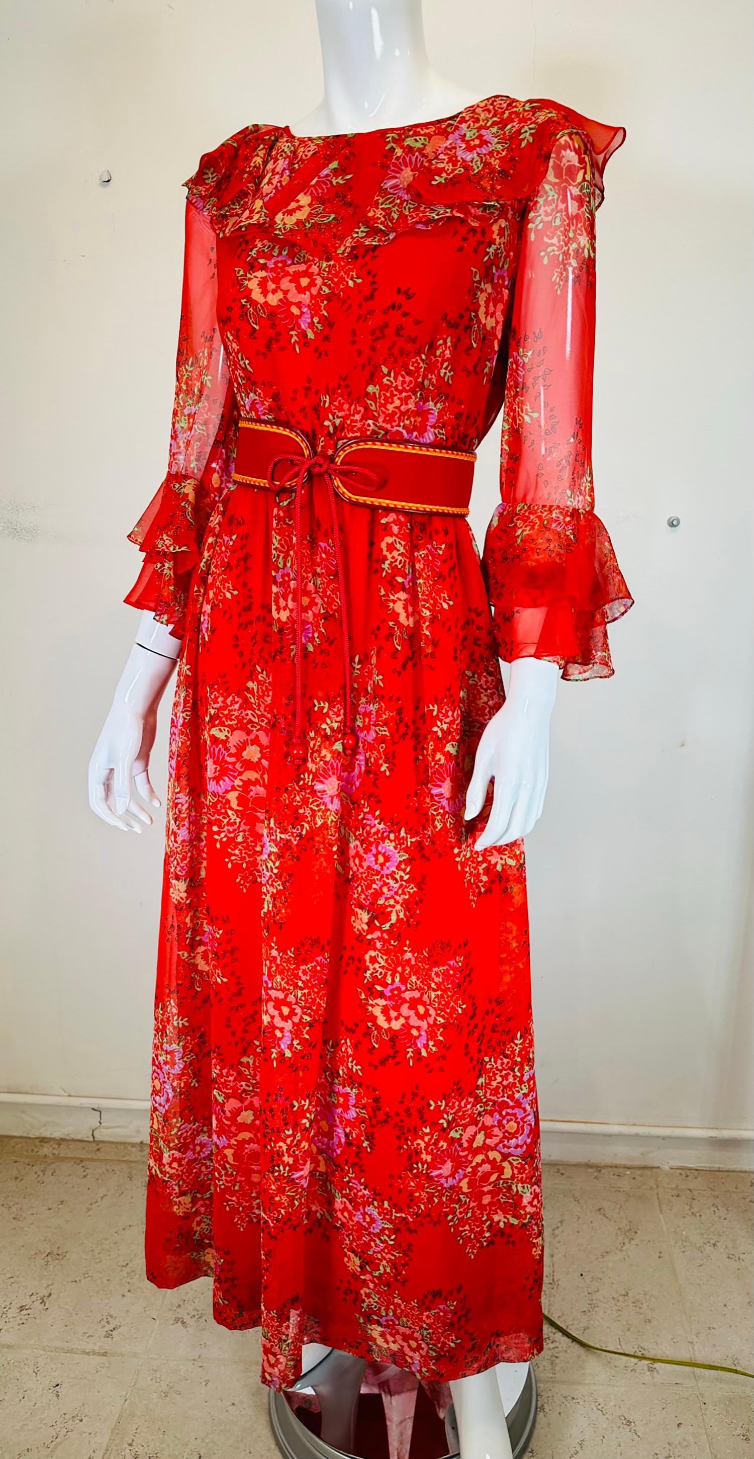Adele Simpson Red Floral Chiffon Ruffle Neckline Maxi Dress From the 1970s For Sale 7
