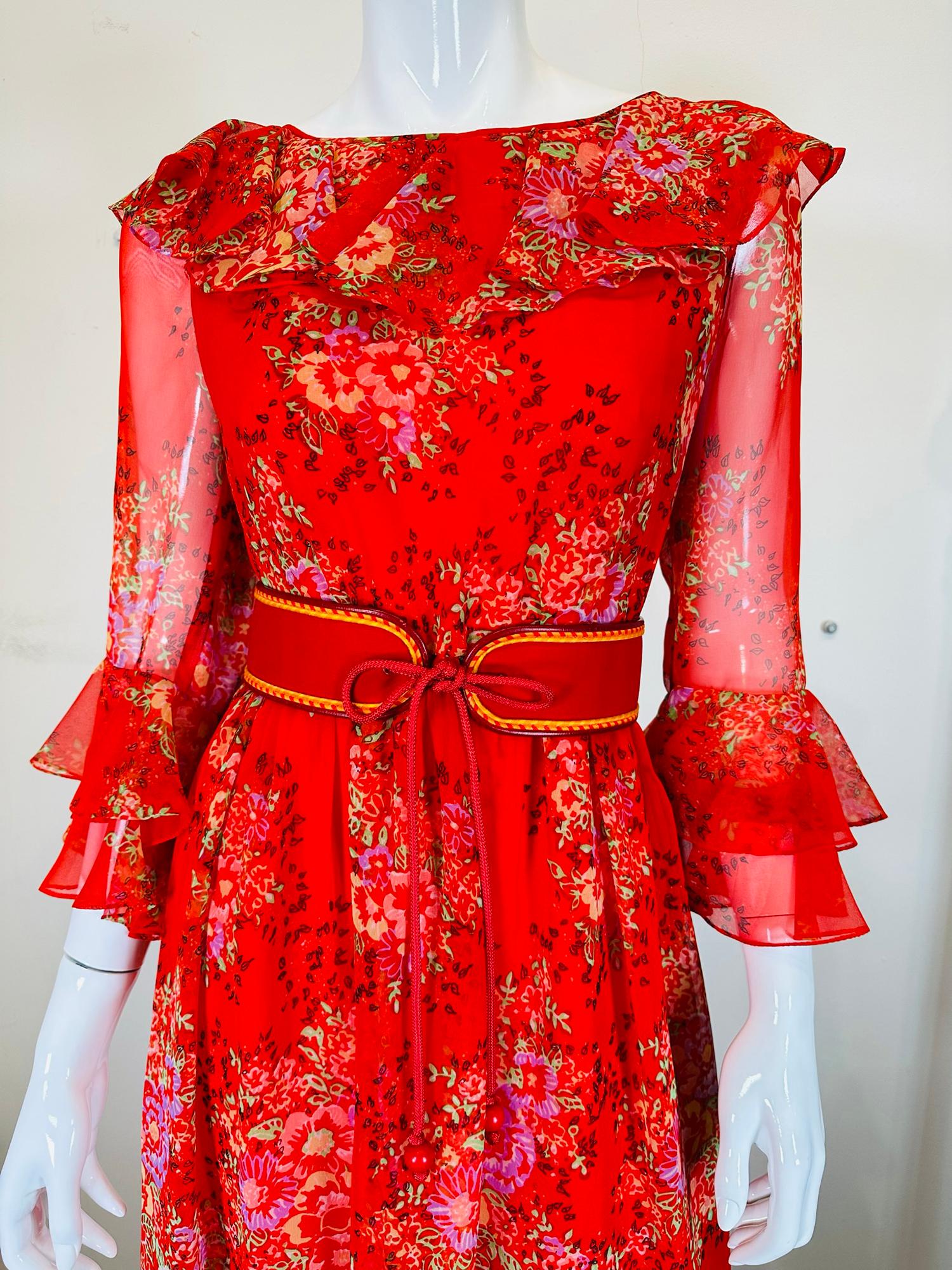 Adele Simpson Red Floral Chiffon Ruffle Neckline Maxi Dress From the 1970s For Sale 8