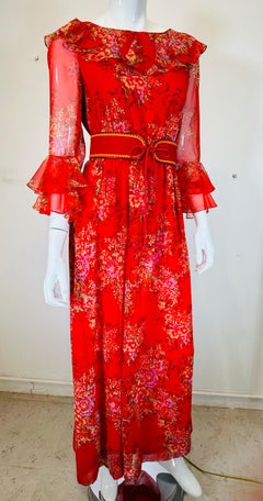 Adele Simpson Red Floral Chiffon Ruffle Neckline Maxi Dress From the 1970s