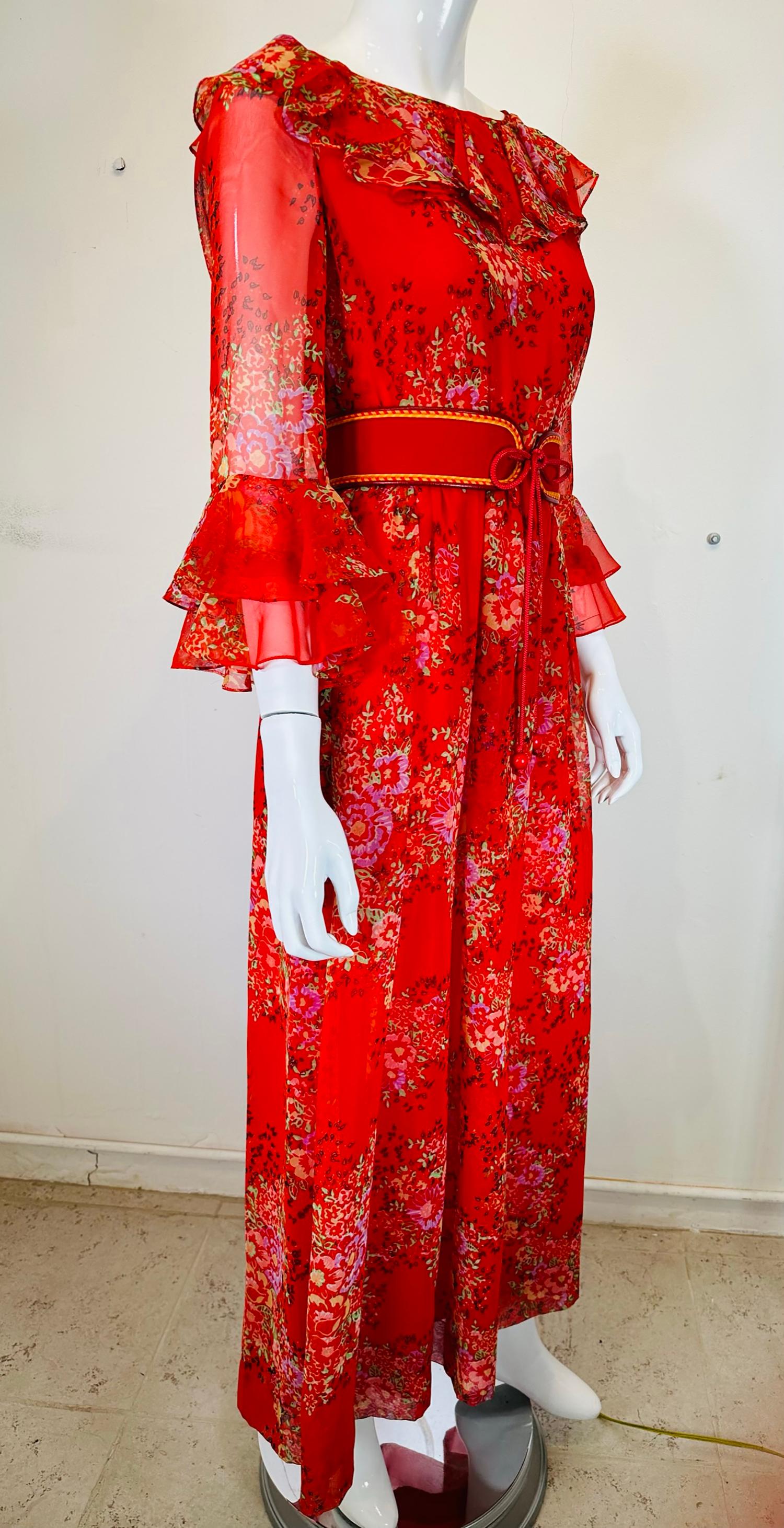 Adele Simpson Red Floral Chiffon Ruffle Neckline Maxi Dress From the 1970s In Good Condition For Sale In West Palm Beach, FL