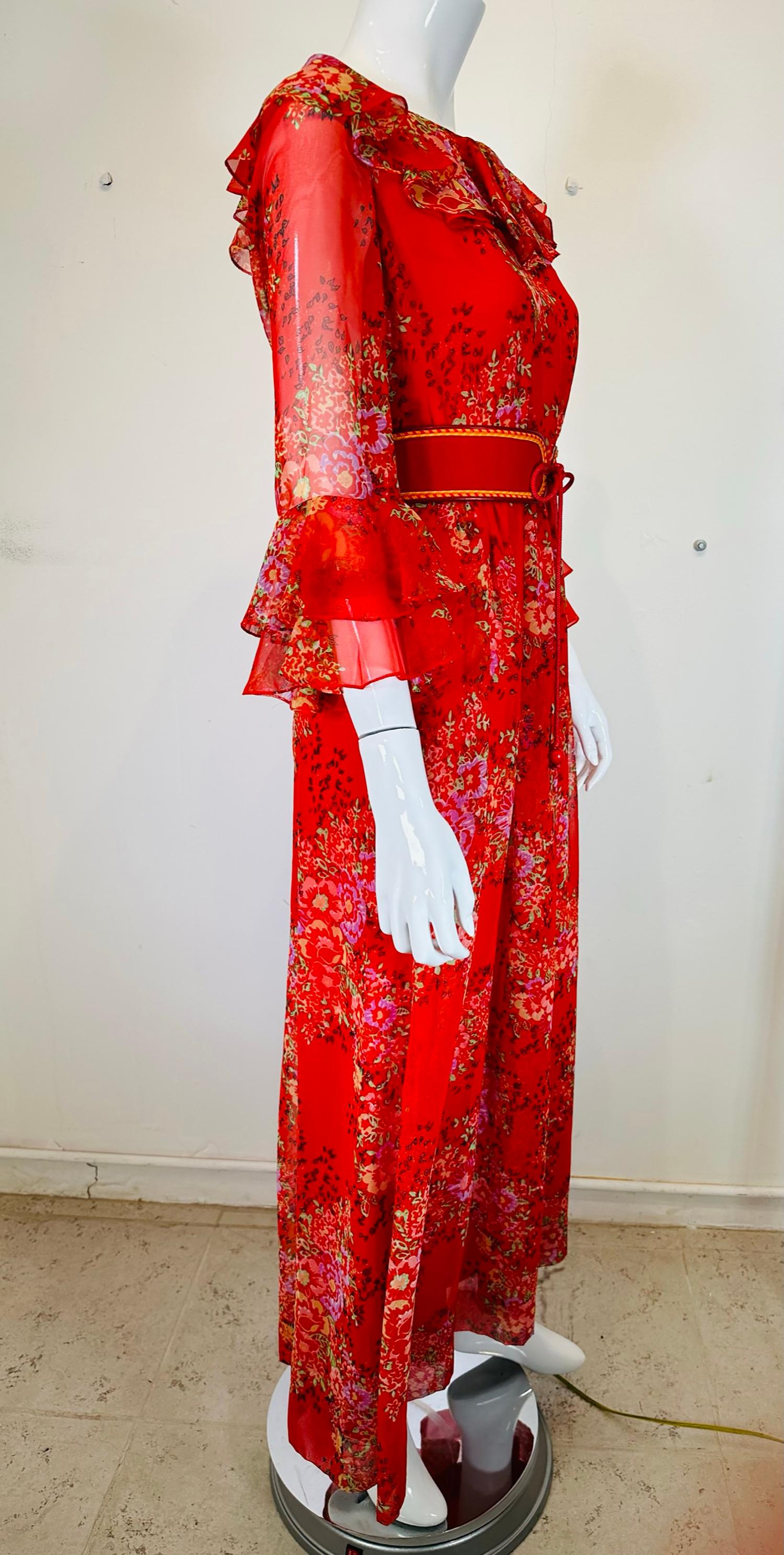 Women's Adele Simpson Red Floral Chiffon Ruffle Neckline Maxi Dress From the 1970s For Sale