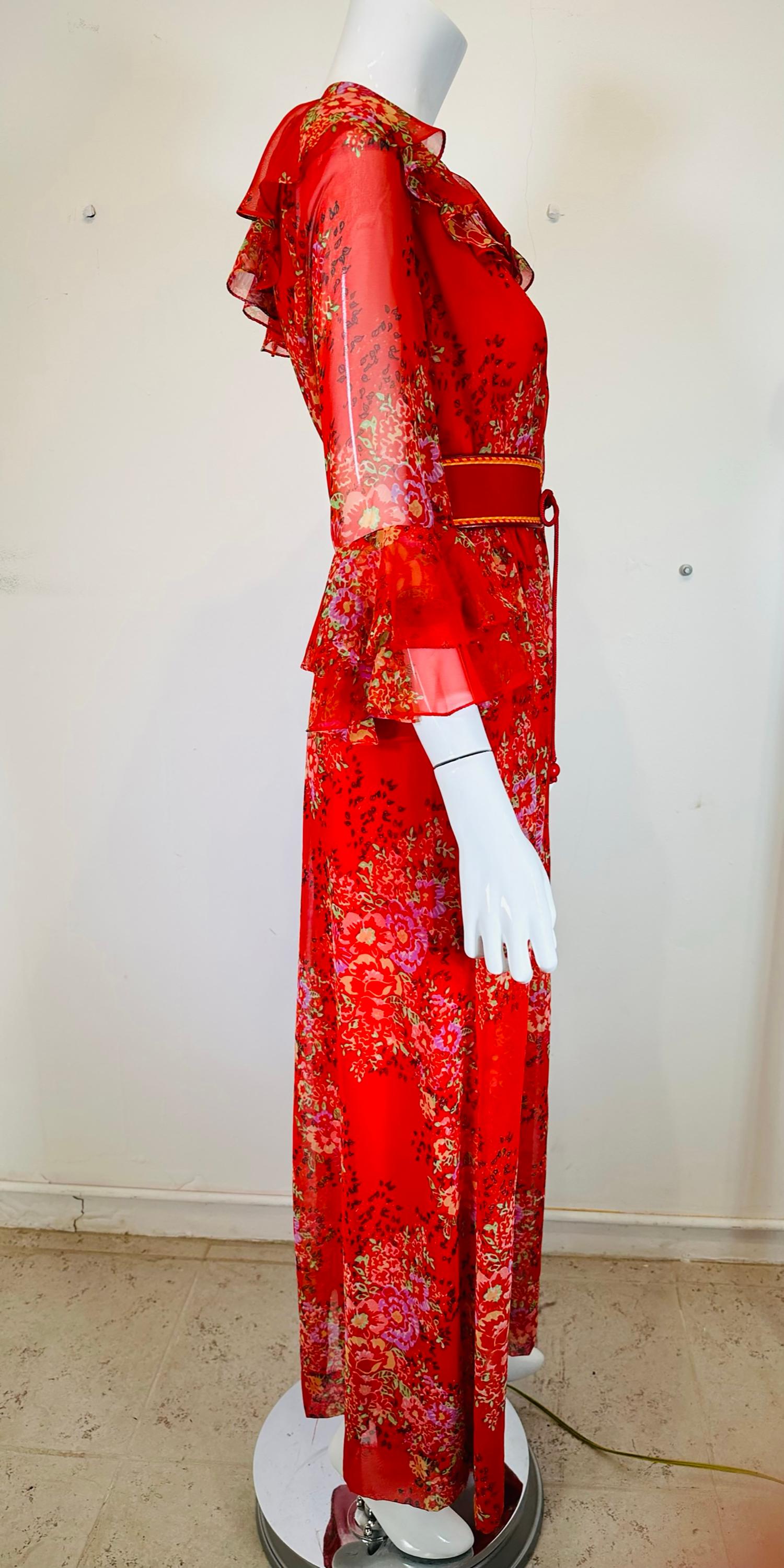 Adele Simpson Red Floral Chiffon Ruffle Neckline Maxi Dress From the 1970s For Sale 1