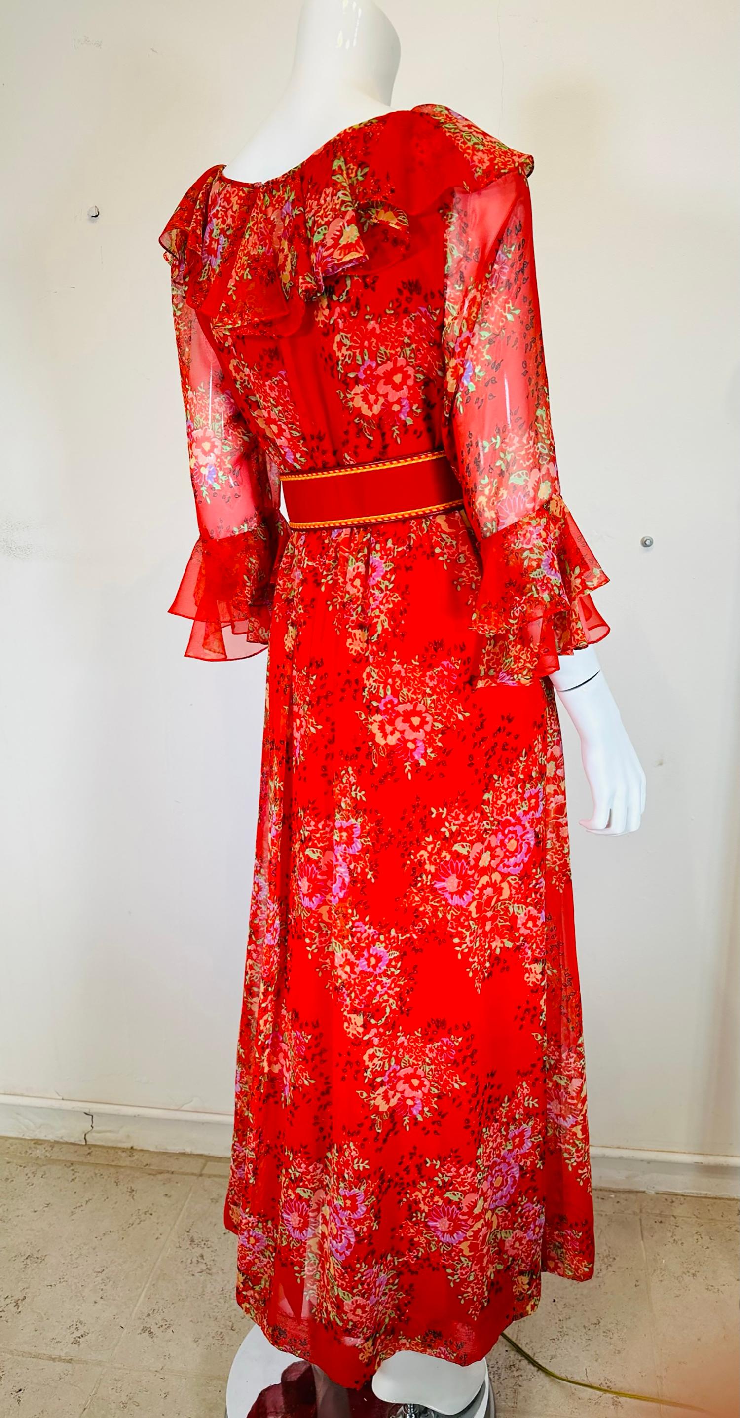 Adele Simpson Red Floral Chiffon Ruffle Neckline Maxi Dress From the 1970s For Sale 2