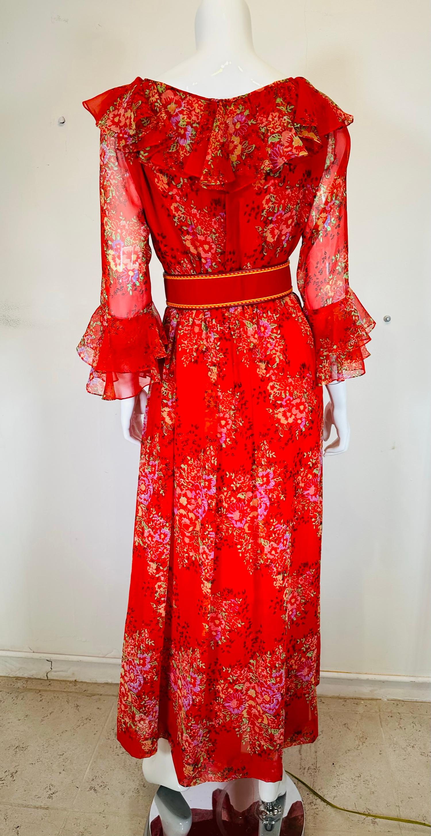 Adele Simpson Red Floral Chiffon Ruffle Neckline Maxi Dress From the 1970s For Sale 3