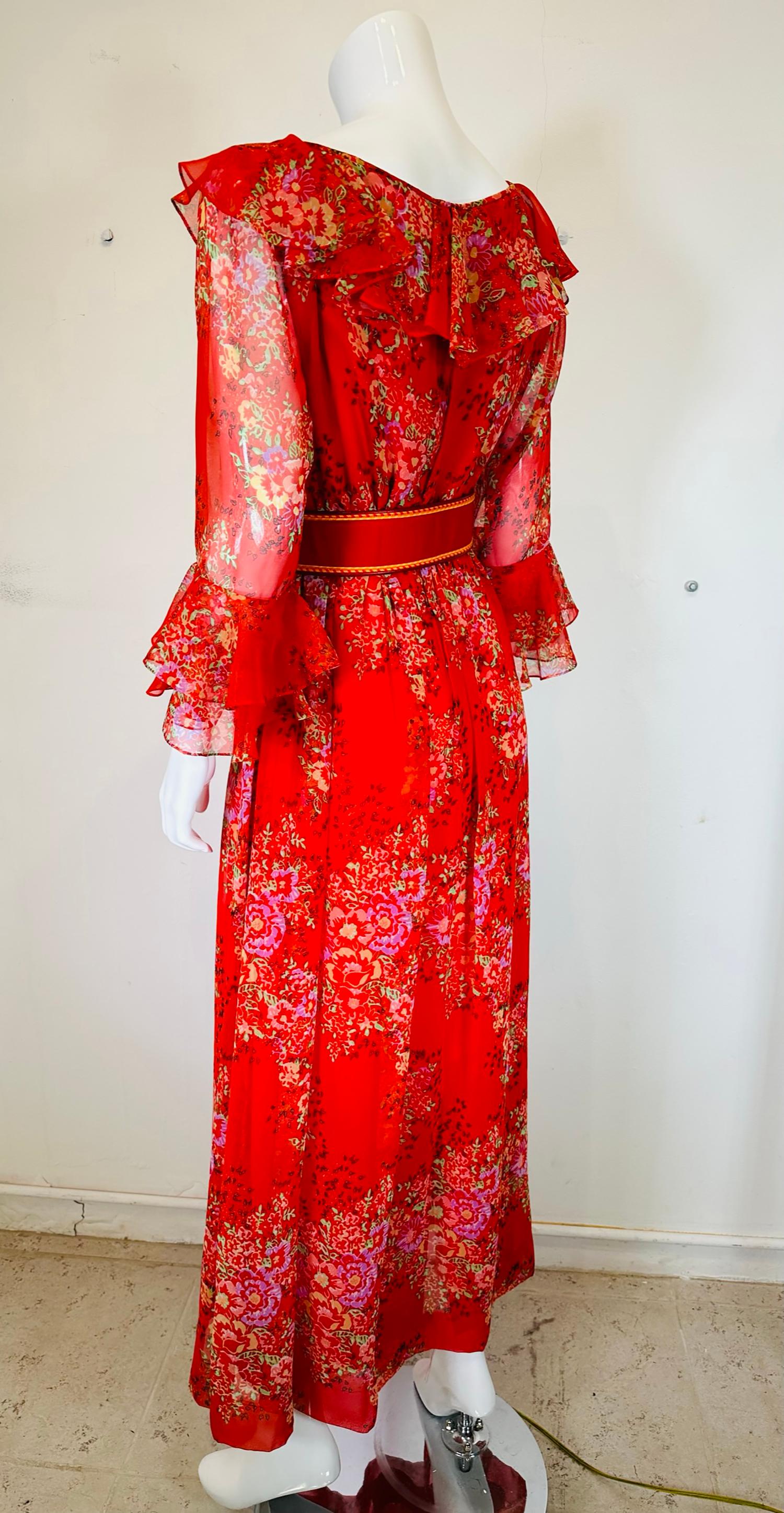 Adele Simpson Red Floral Chiffon Ruffle Neckline Maxi Dress From the 1970s For Sale 4