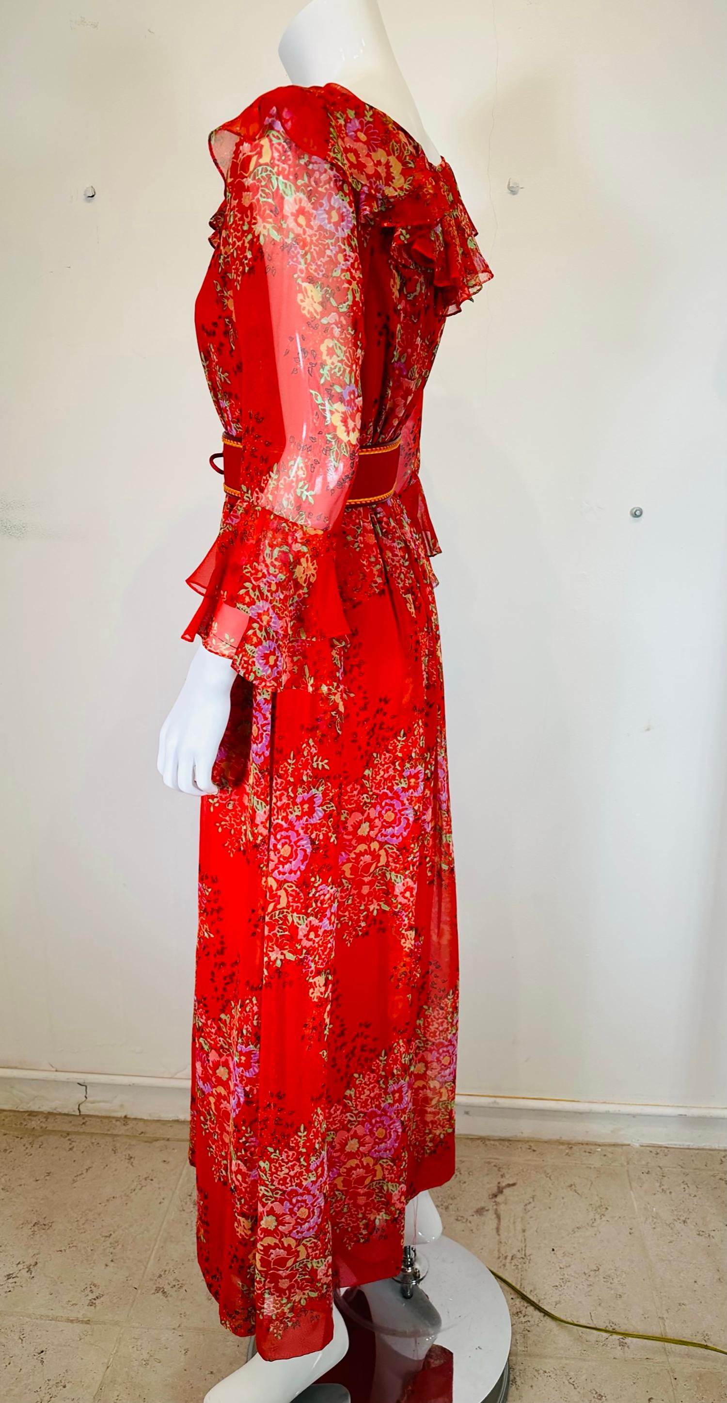 Adele Simpson Red Floral Chiffon Ruffle Neckline Maxi Dress From the 1970s For Sale 5