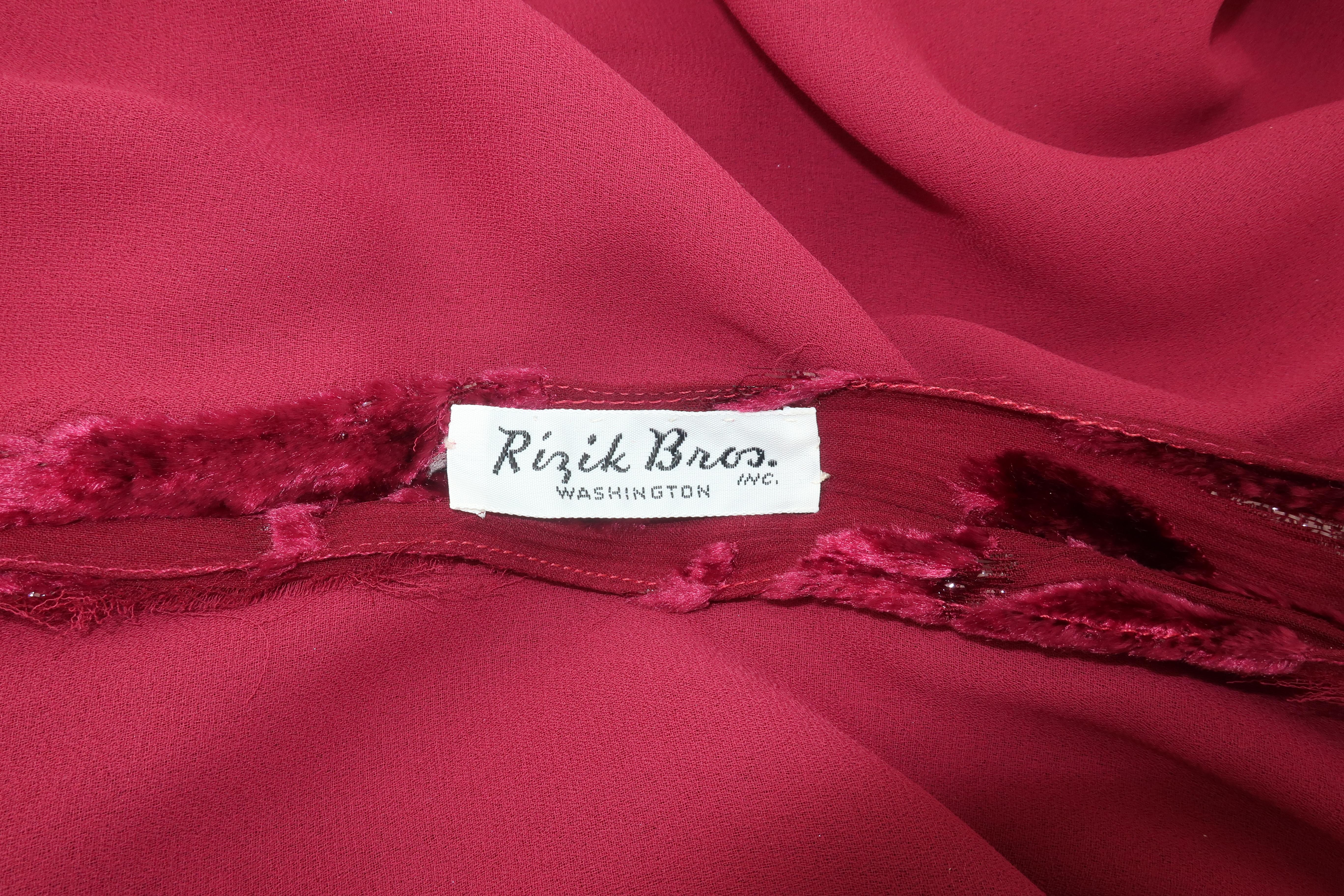Adele Simpson Ruby Red Silk Cut Velvet Evening Dress, 1980's 7