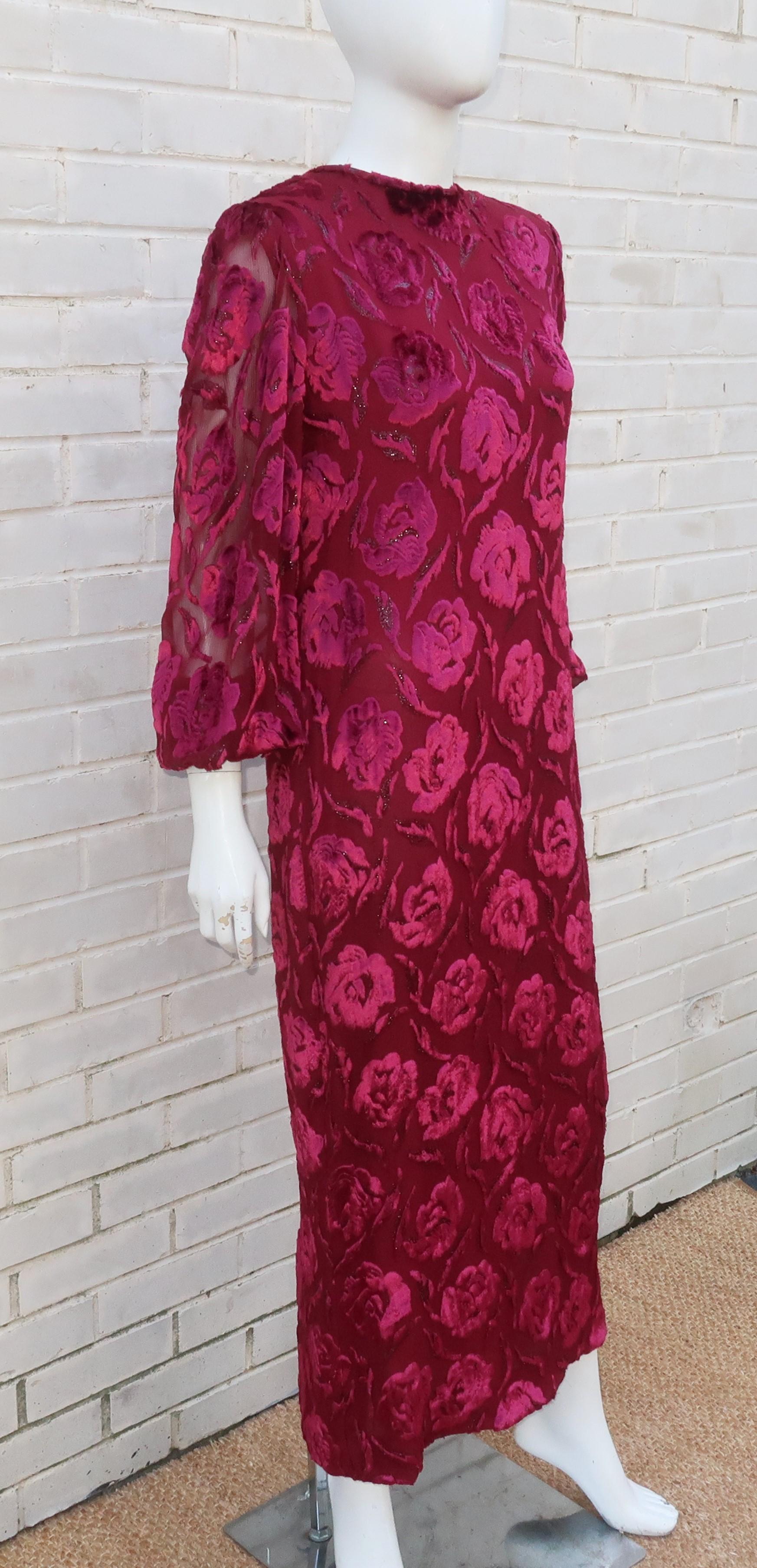 Adele Simpson Ruby Red Silk Cut Velvet Evening Dress, 1980's 1