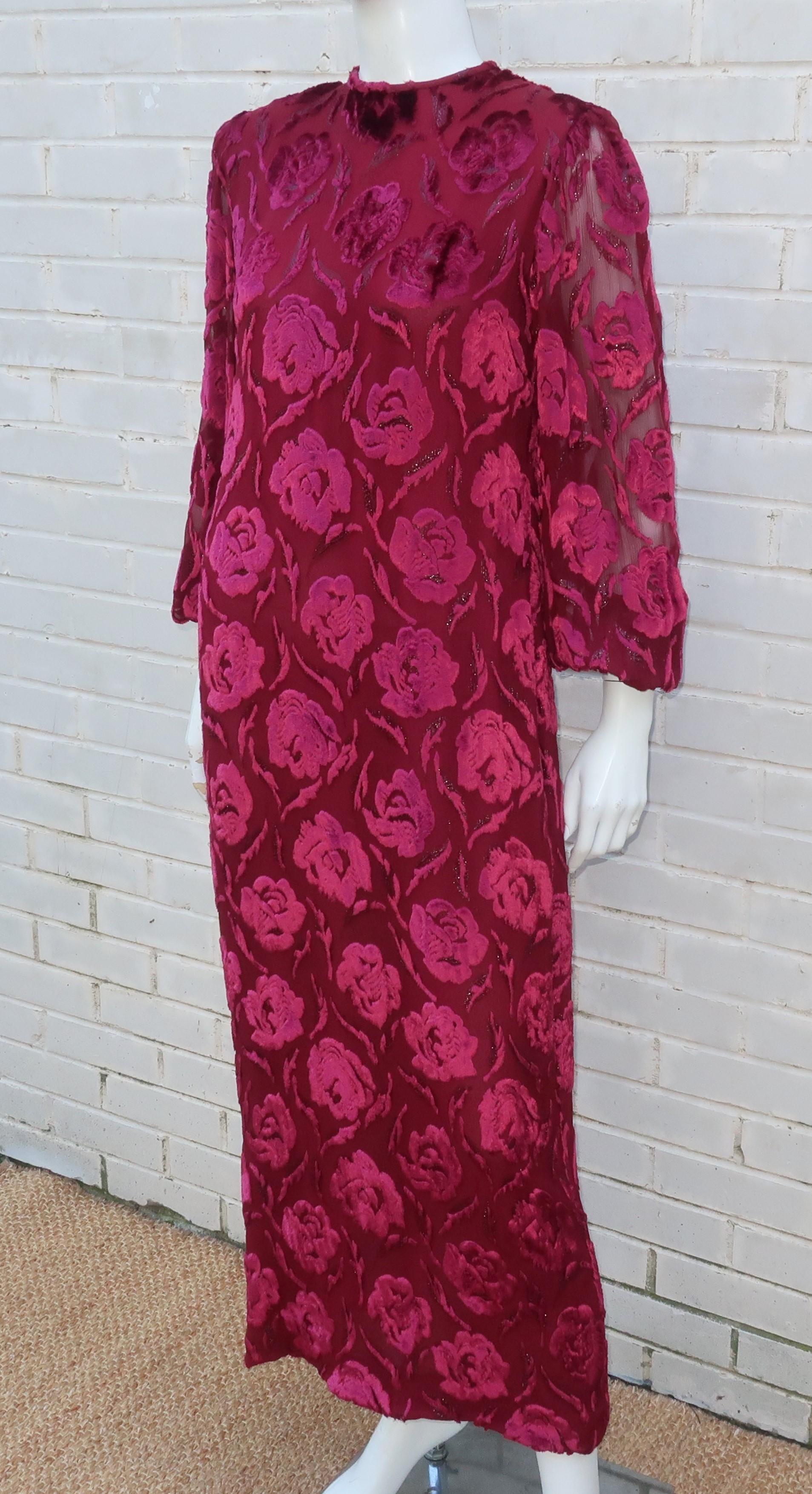 Adele Simpson Ruby Red Silk Cut Velvet Evening Dress, 1980's 3