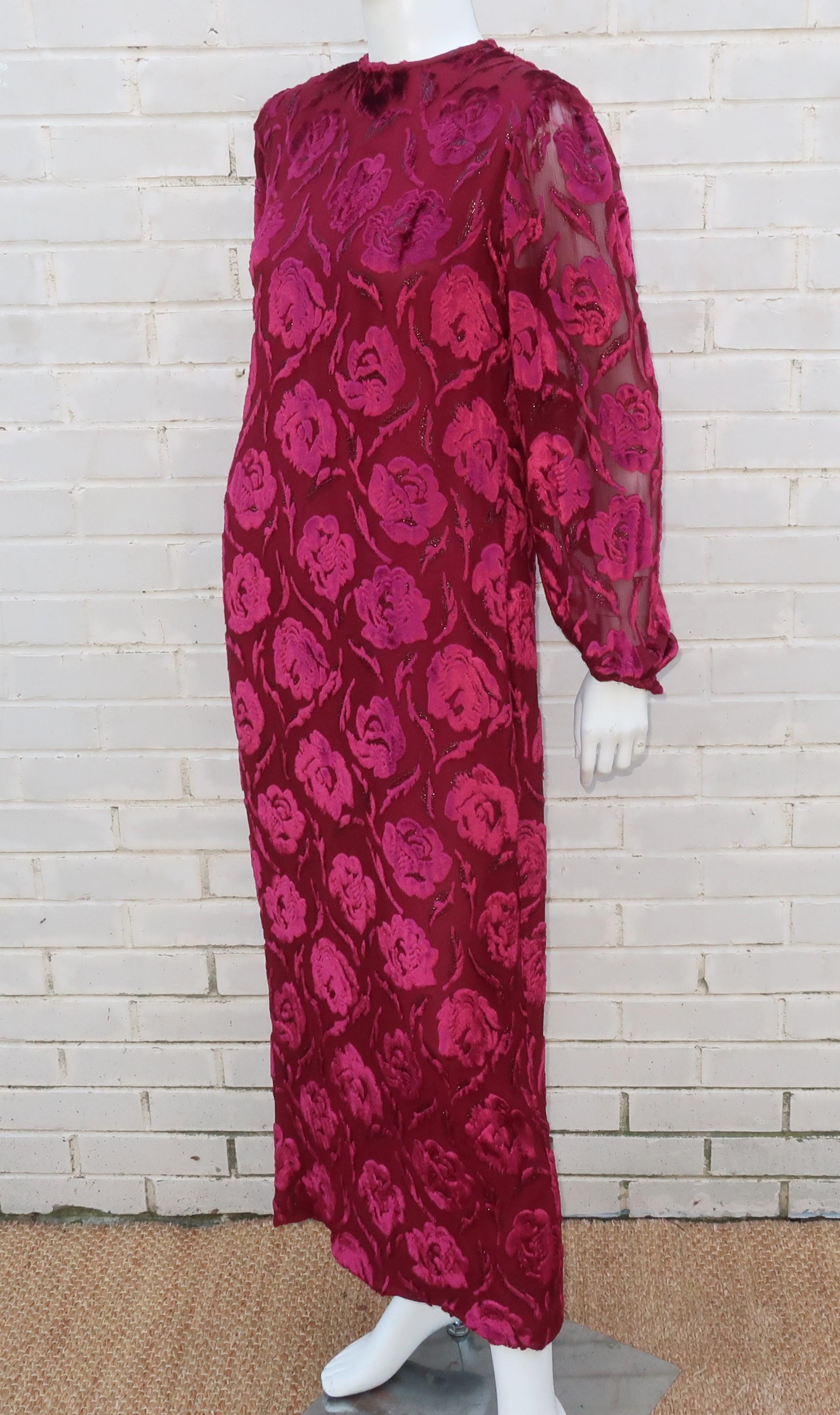 Adele Simpson Ruby Red Silk Cut Velvet Evening Dress, 1980's 4