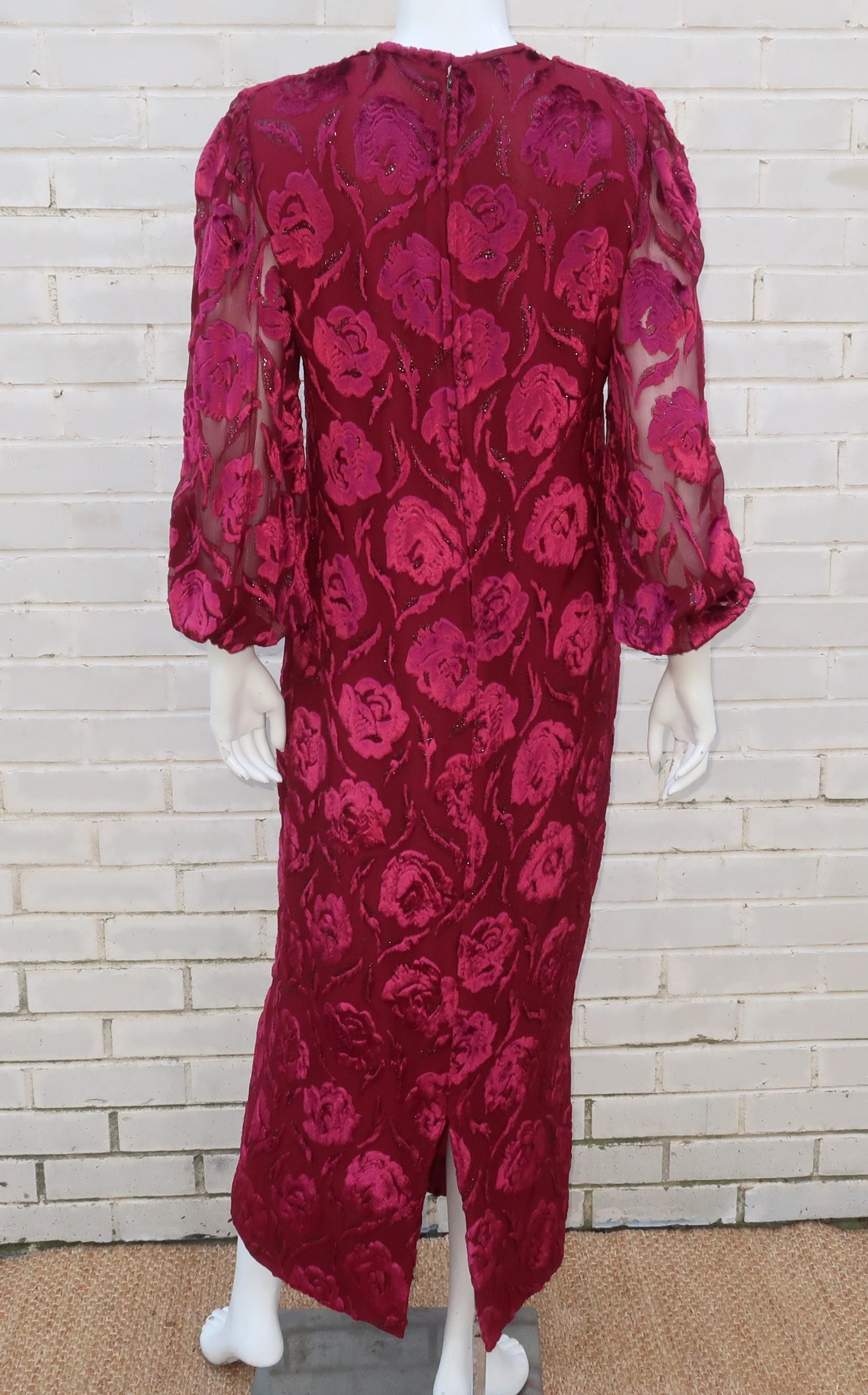 Adele Simpson Ruby Red Silk Cut Velvet Evening Dress, 1980's 5