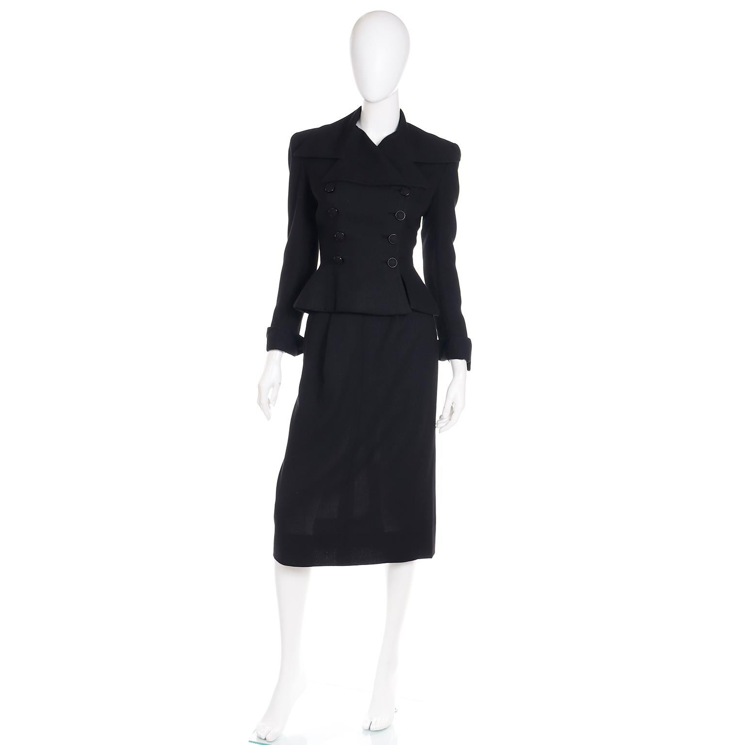 Adele Simpson Vintage 1947/48 Black Double Breasted Cinched Waist Jacket & Skirt In Excellent Condition For Sale In Portland, OR