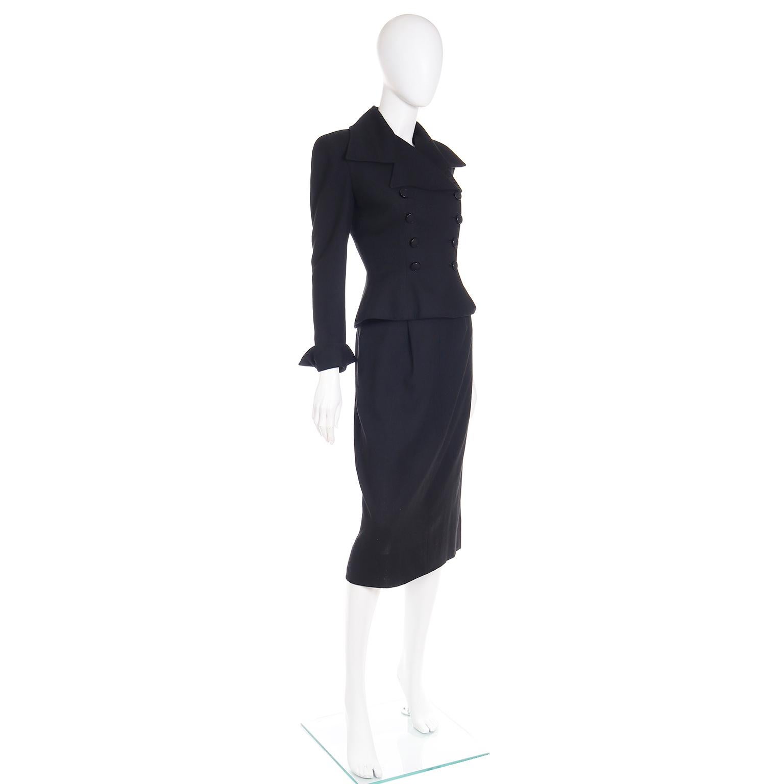 Adele Simpson Vintage 1947/48 Black Double Breasted Cinched Waist Jacket & Skirt For Sale 2