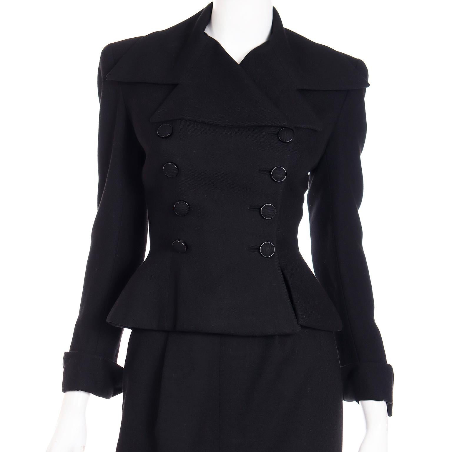 Adele Simpson Vintage 1947/48 Black Double Breasted Cinched Waist Jacket & Skirt For Sale 5