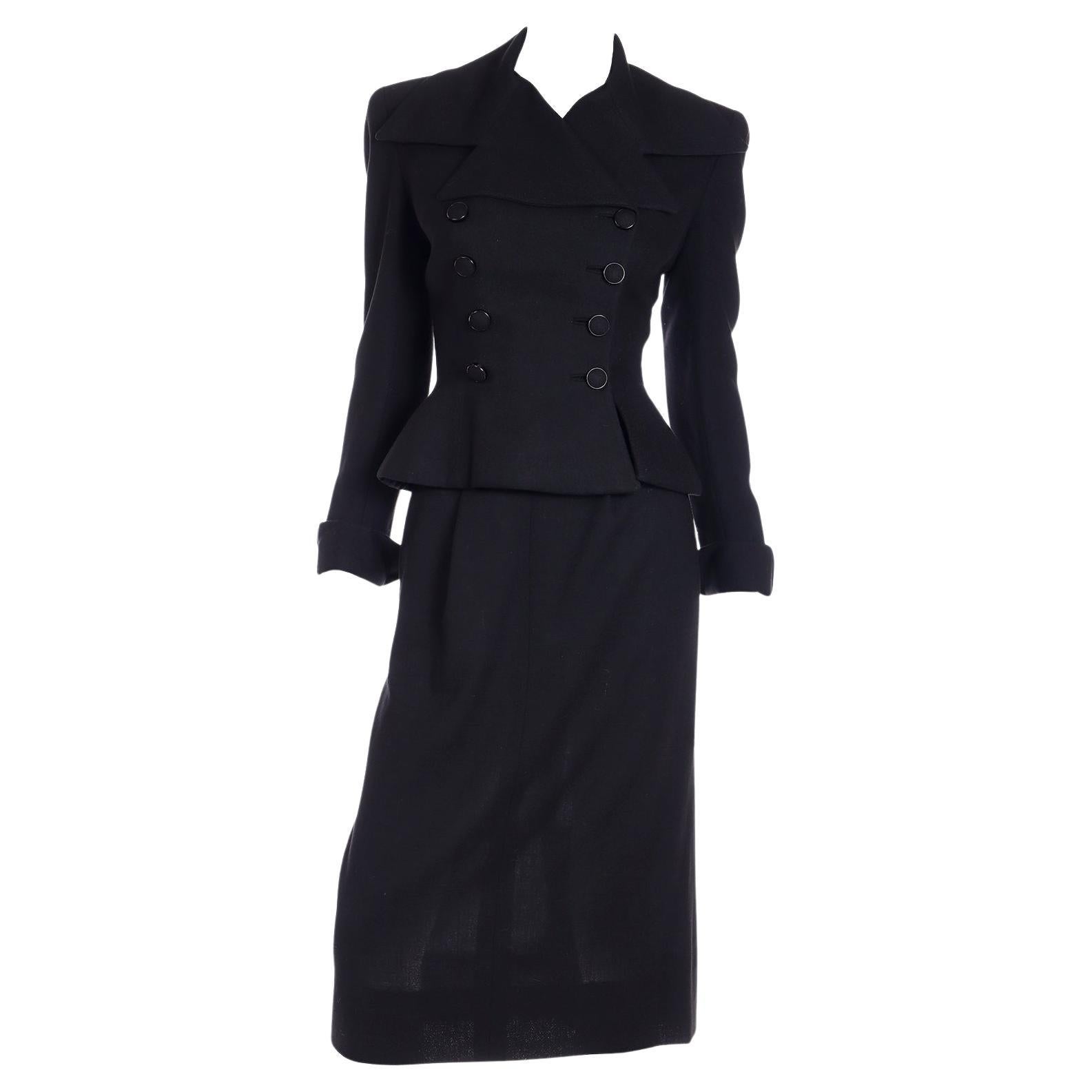 Adele Simpson Vintage 1947/48 Black Double Breasted Cinched Waist Jacket & Skirt For Sale