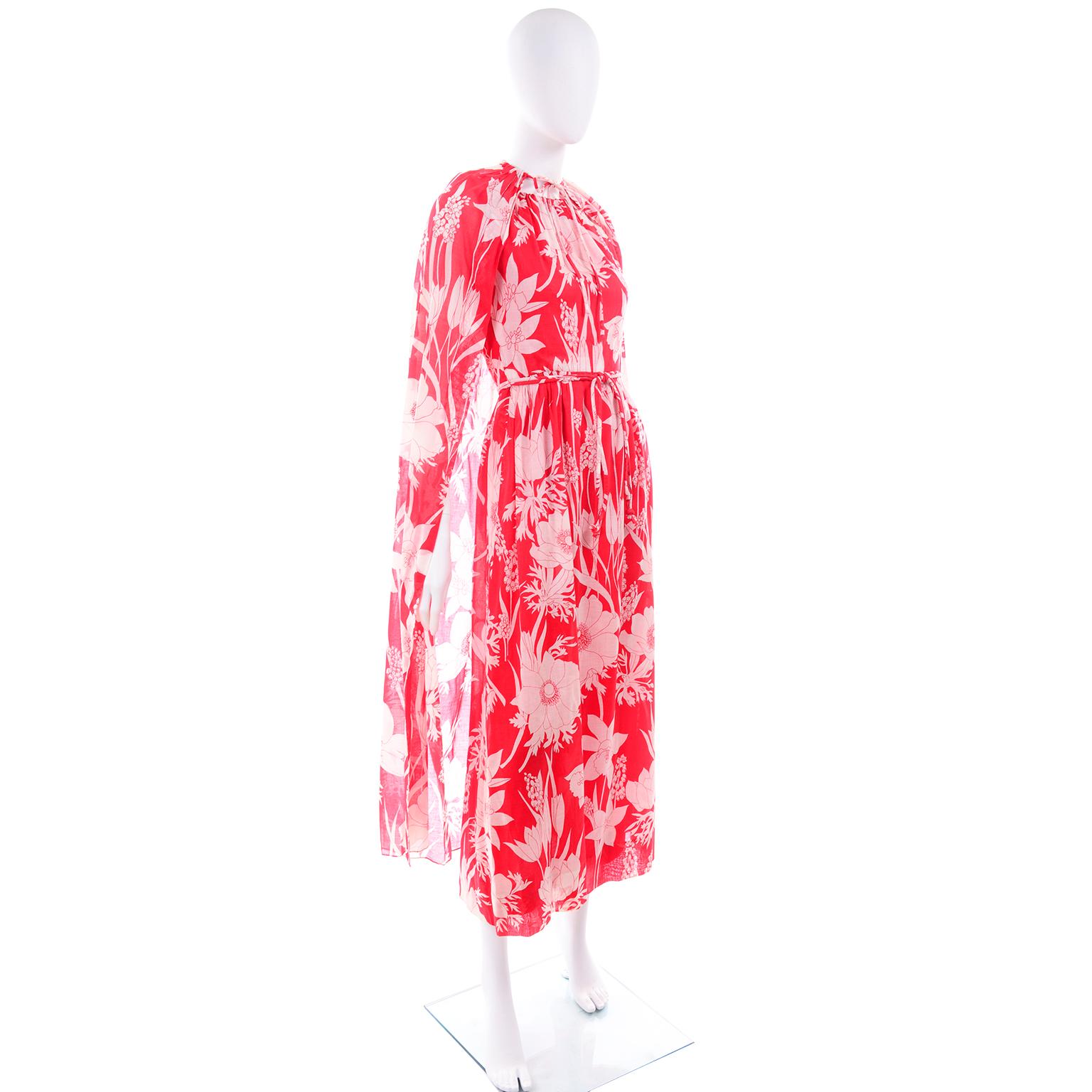 Pink Adele Simpson Vintage 1970s Dress & Cape in Red & White Cotton Floral Print 