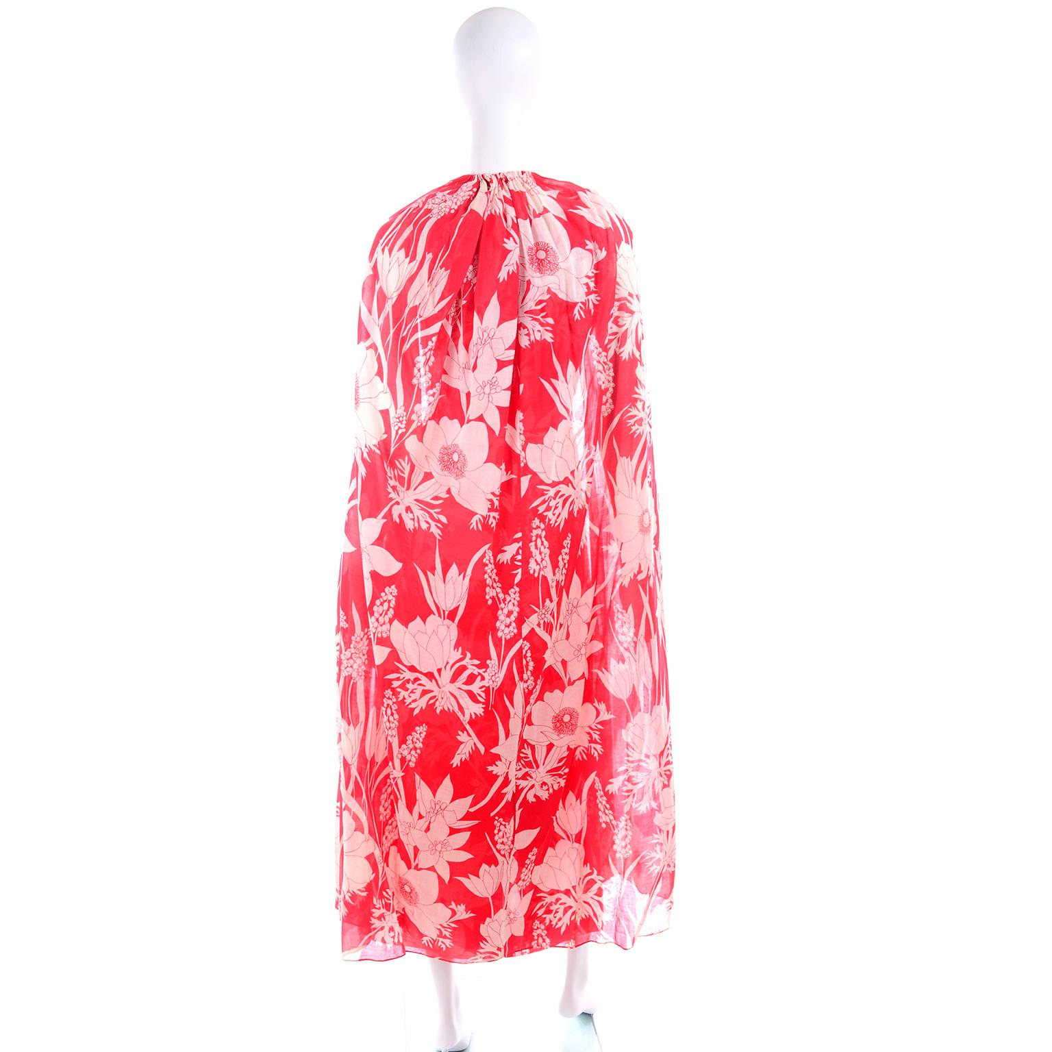 Adele Simpson Vintage 1970s Dress & Cape in Red & White Cotton Floral Print  1