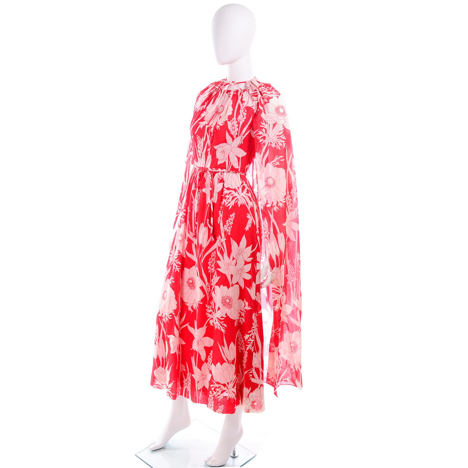 Adele Simpson Vintage 1970s Dress & Cape in Red & White Cotton Floral Print  2