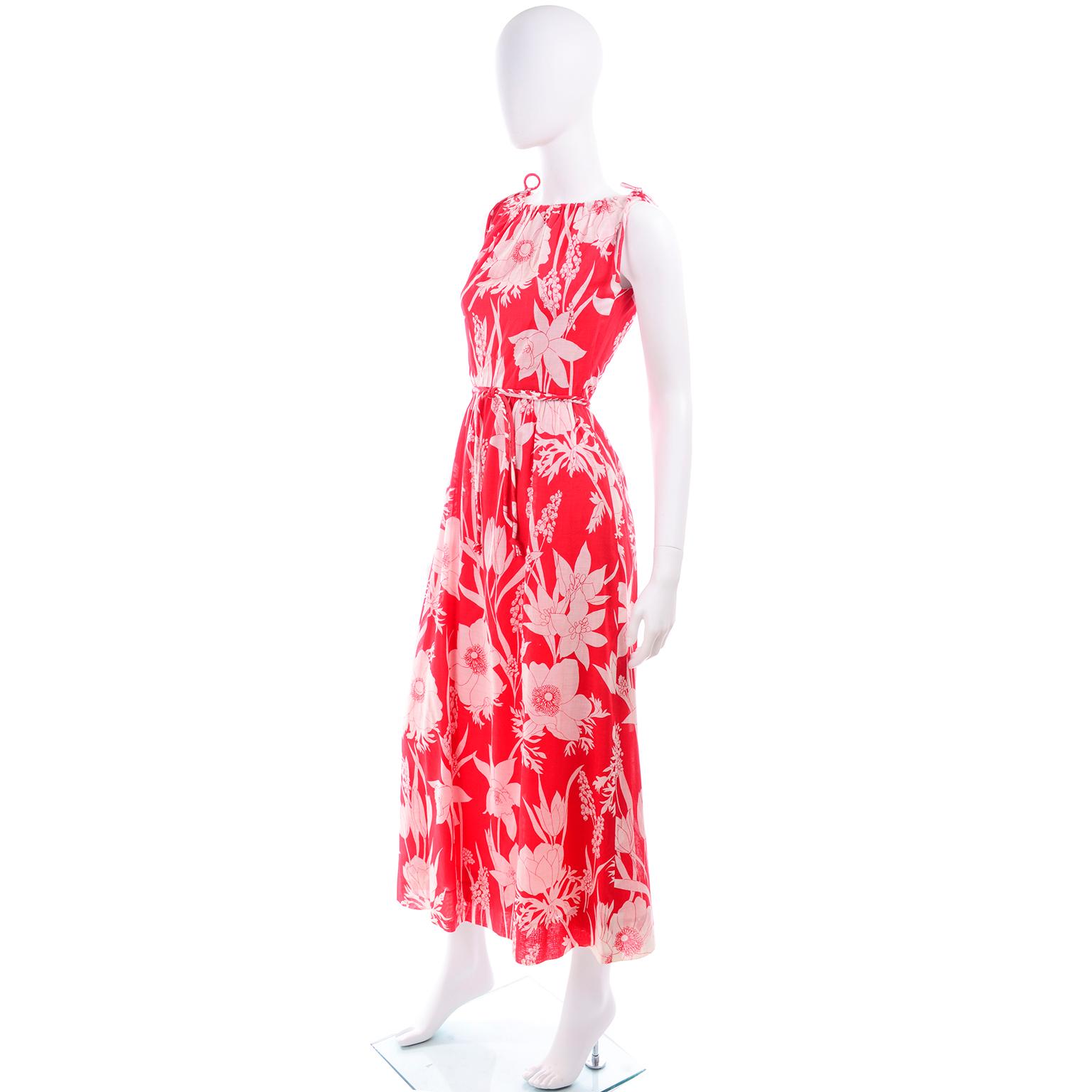 Adele Simpson Vintage 1970s Dress & Cape in Red & White Cotton Floral Print  3