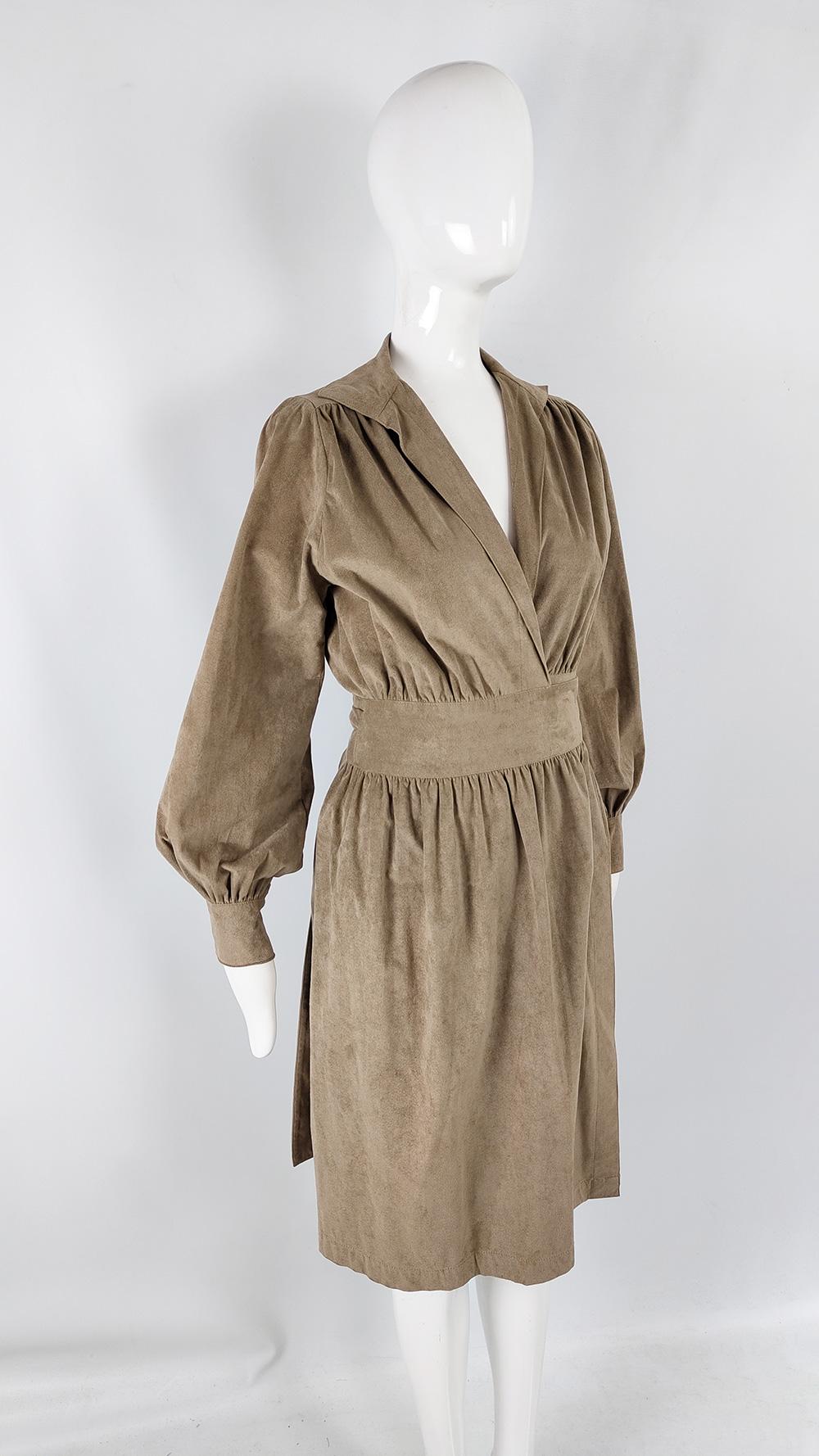 Adele Simpson Vintage 70s Ultrasuede Gathered Long Sleeve Wrap Dress, 1970s For Sale 1