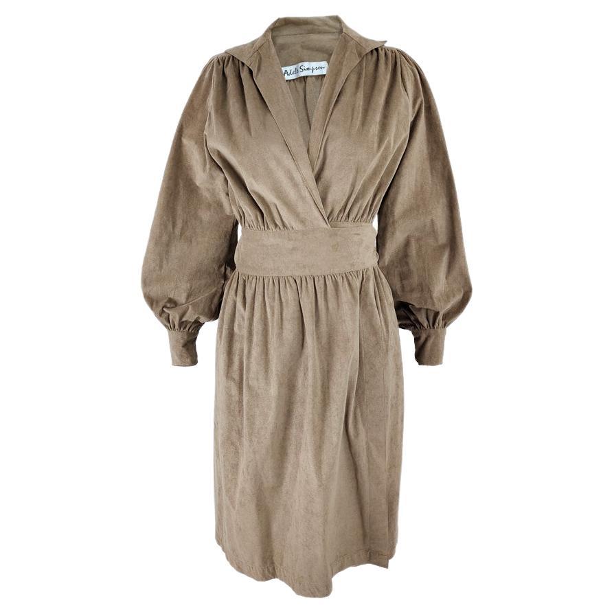 Adele Simpson Vintage 70s Ultrasuede Gathered Long Sleeve Wrap Dress, 1970s For Sale