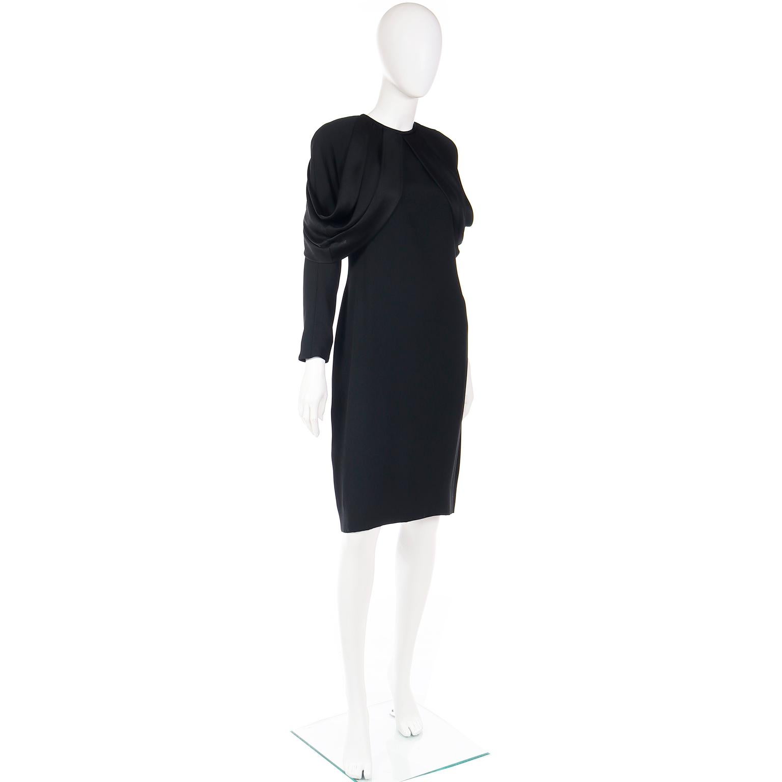 Adele Simpson Vintage Black Crepe Dress With Dramatic Satin Drape In Excellent Condition For Sale In Portland, OR