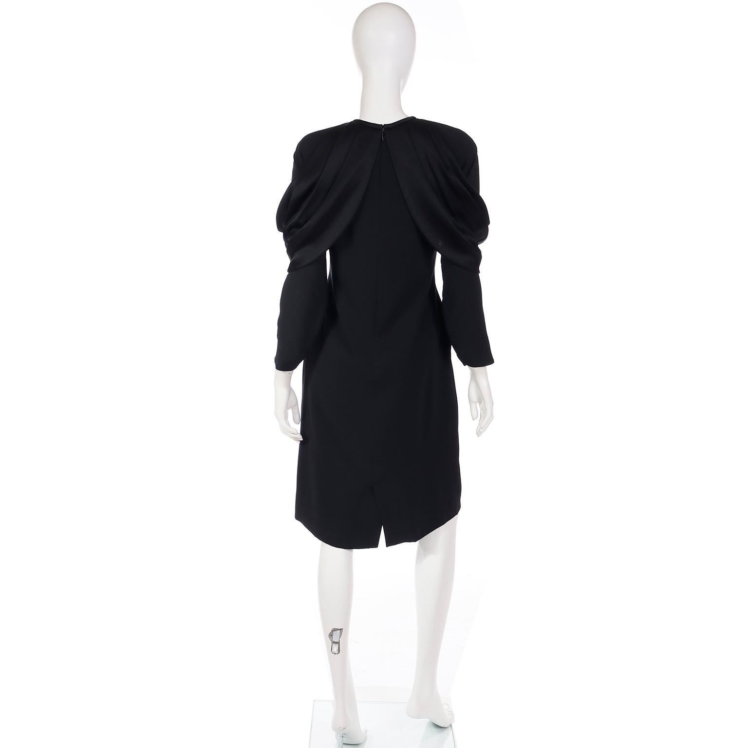 Women's Adele Simpson Vintage Black Crepe Dress With Dramatic Satin Drape For Sale
