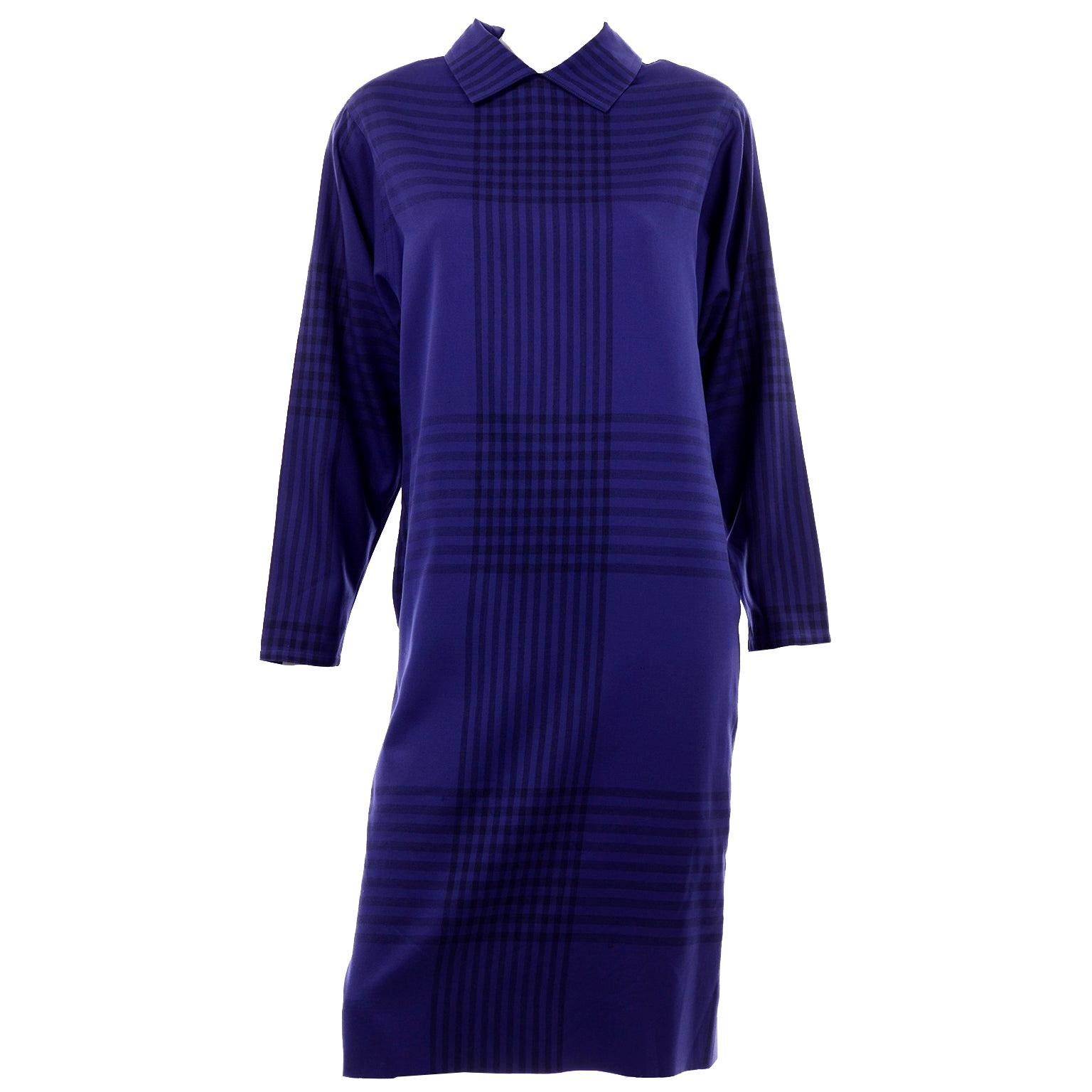 Adele Simpson Vintage Blue and Black Plaid Wool Day Dress