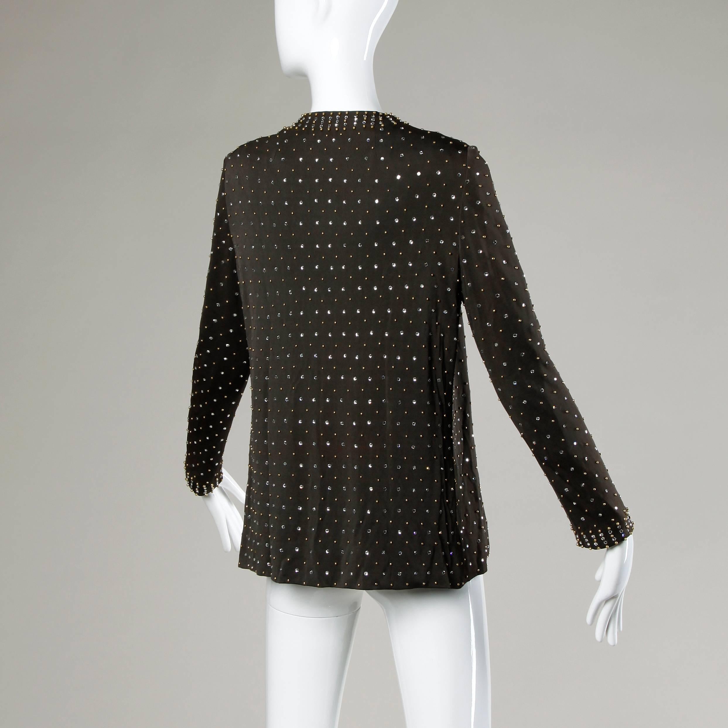 Black Adele Simpson Vintage Crystal Rhinestone + Beaded Silk Jersey Jacket For Sale
