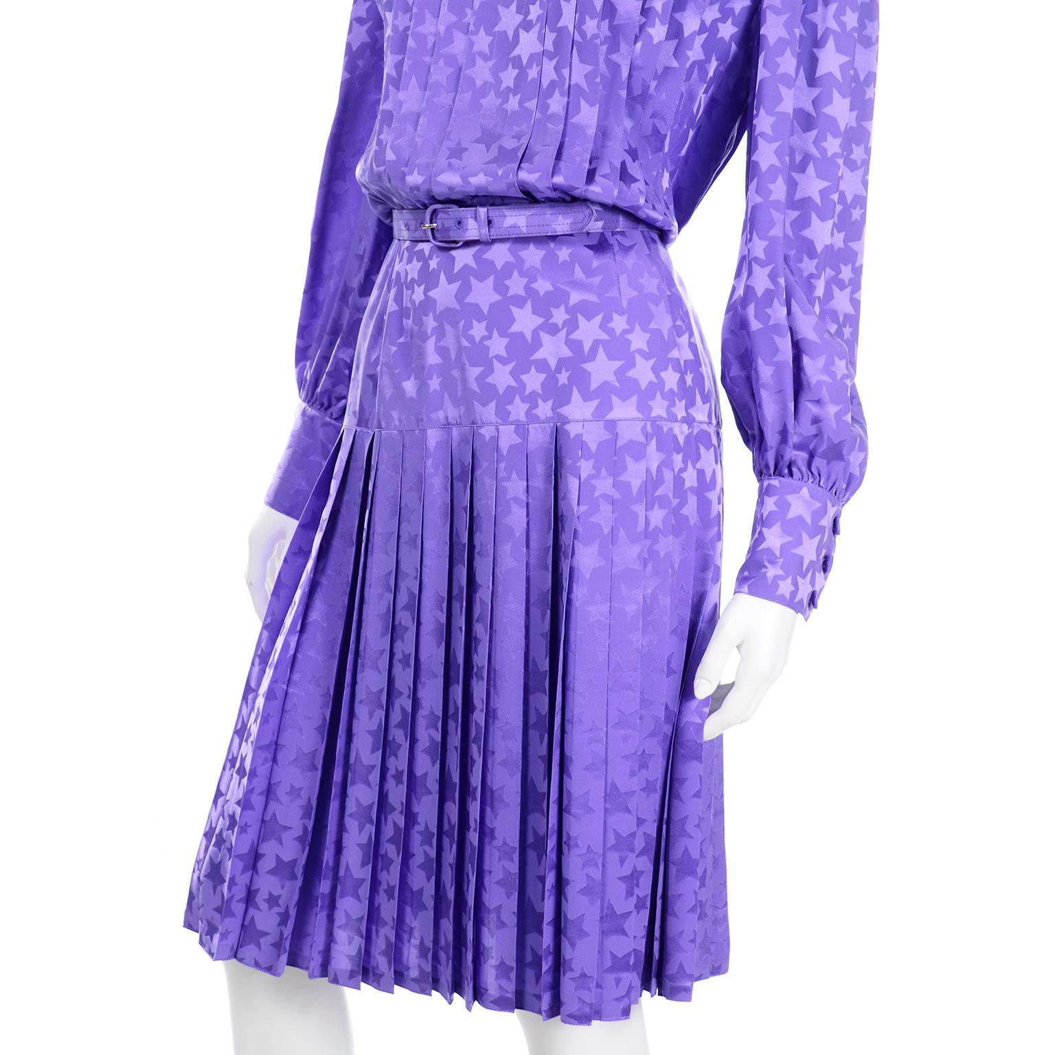 Adele Simpson Vintage Purple Silk Star Print 1980s Dress With Belt 1