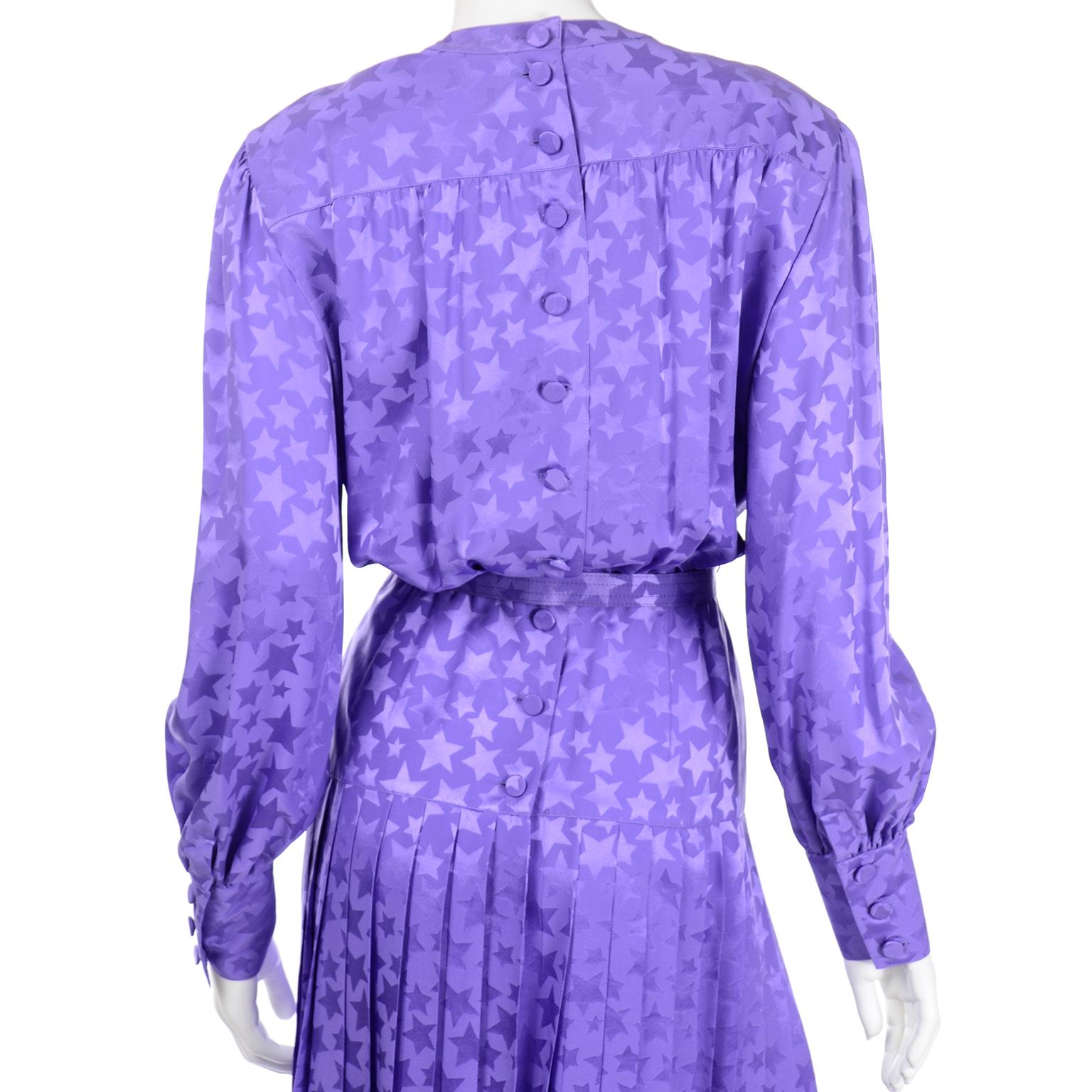 Adele Simpson Vintage Purple Silk Star Print 1980s Dress With Belt 2