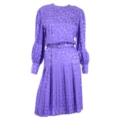 Adele Simpson Vintage Purple Silk Star Print 1980s Dress With Belt