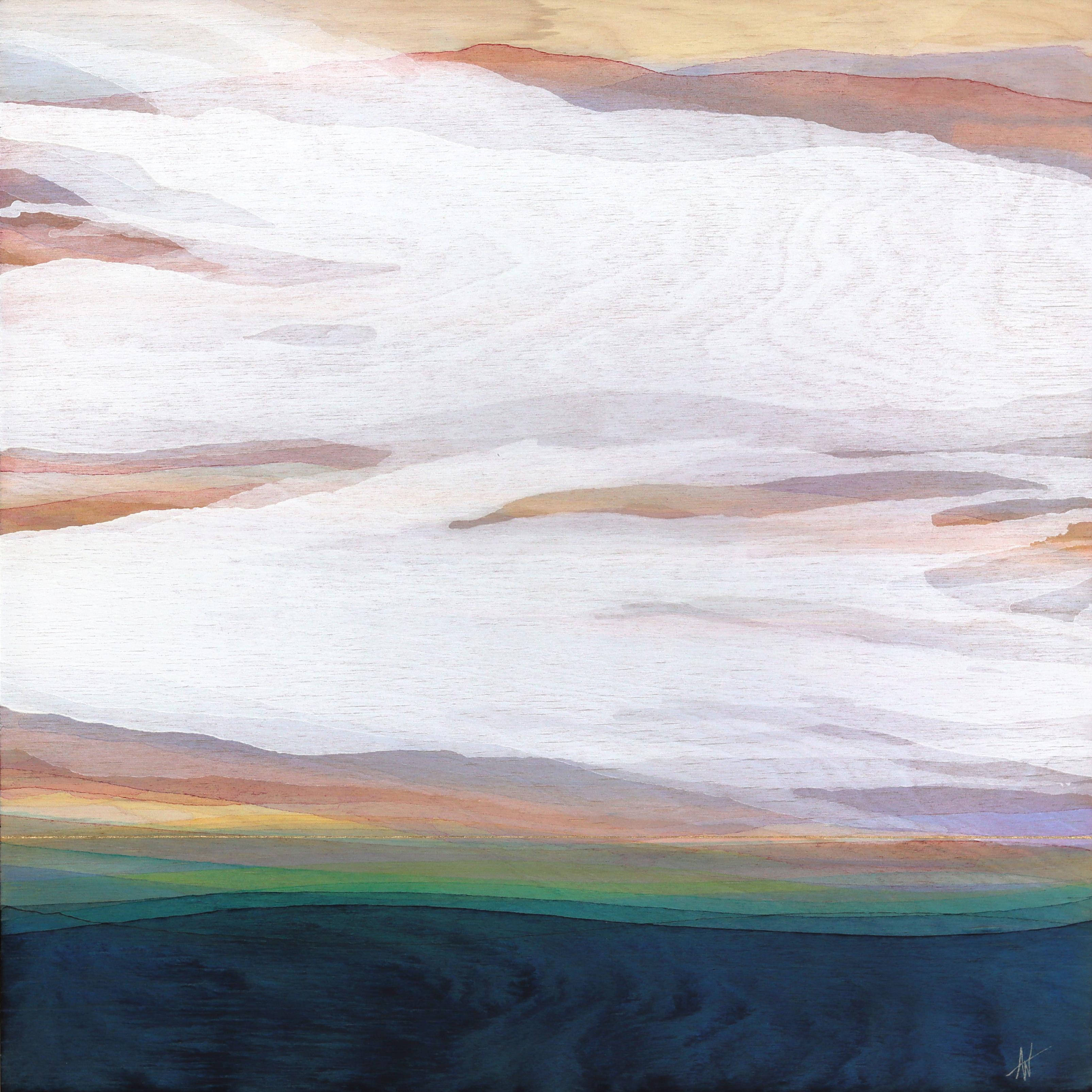 Adele Webster’s contemporary landscape paintings explore atmosphere, light, and the emotional presence of open space. Working with layered acrylic washes on wood panel, Webster creates luminous abstract landscapes that feel calm, expansive, and