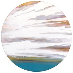 „Windswept“ – Originelles, abstraktes Himmelsbild, Acrylgemälde mit Blattgold auf Holztafel