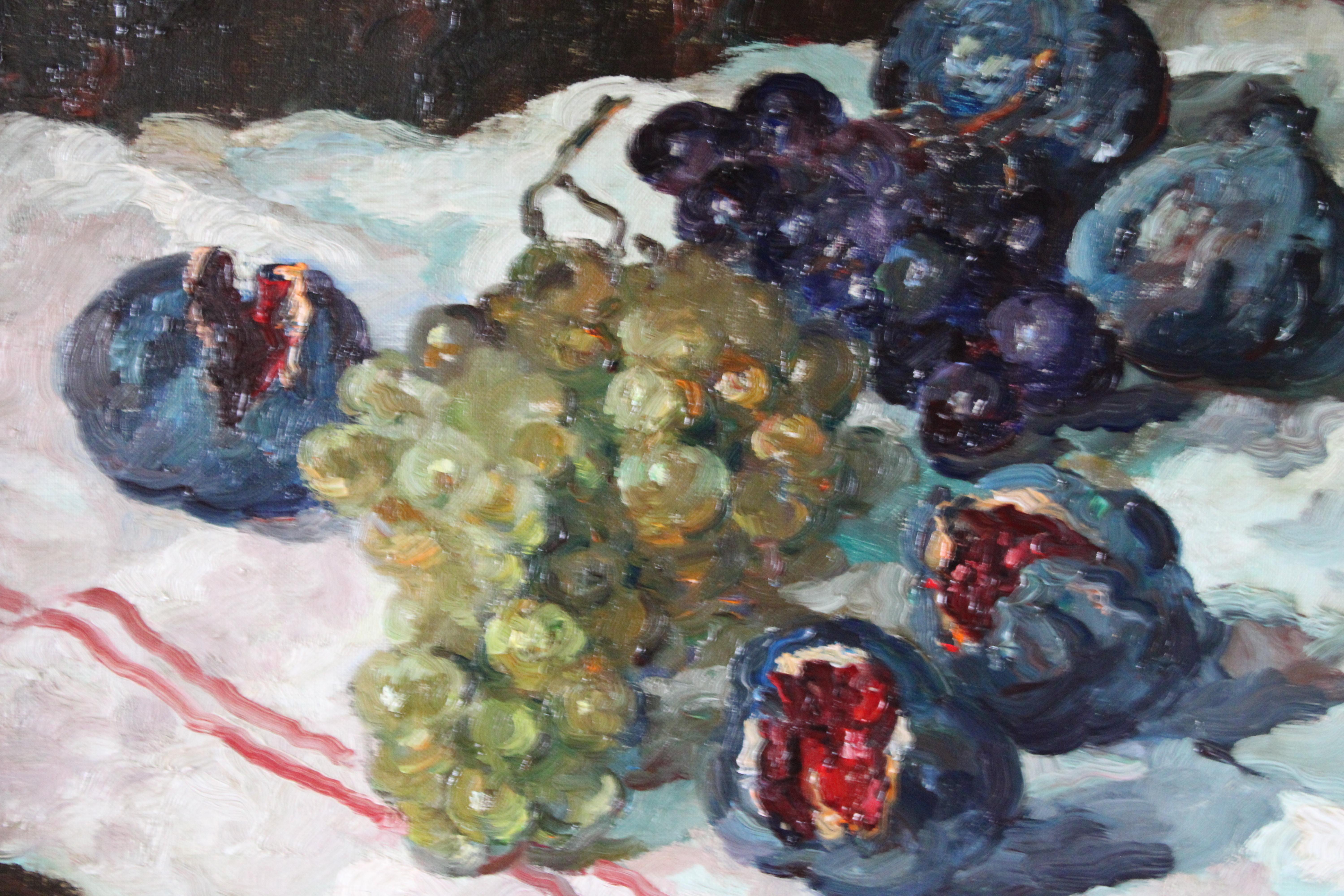 Vintage Impressionist Stillleben Ölgemälde auf Leinwand von Feigen und Trauben im Angebot 5