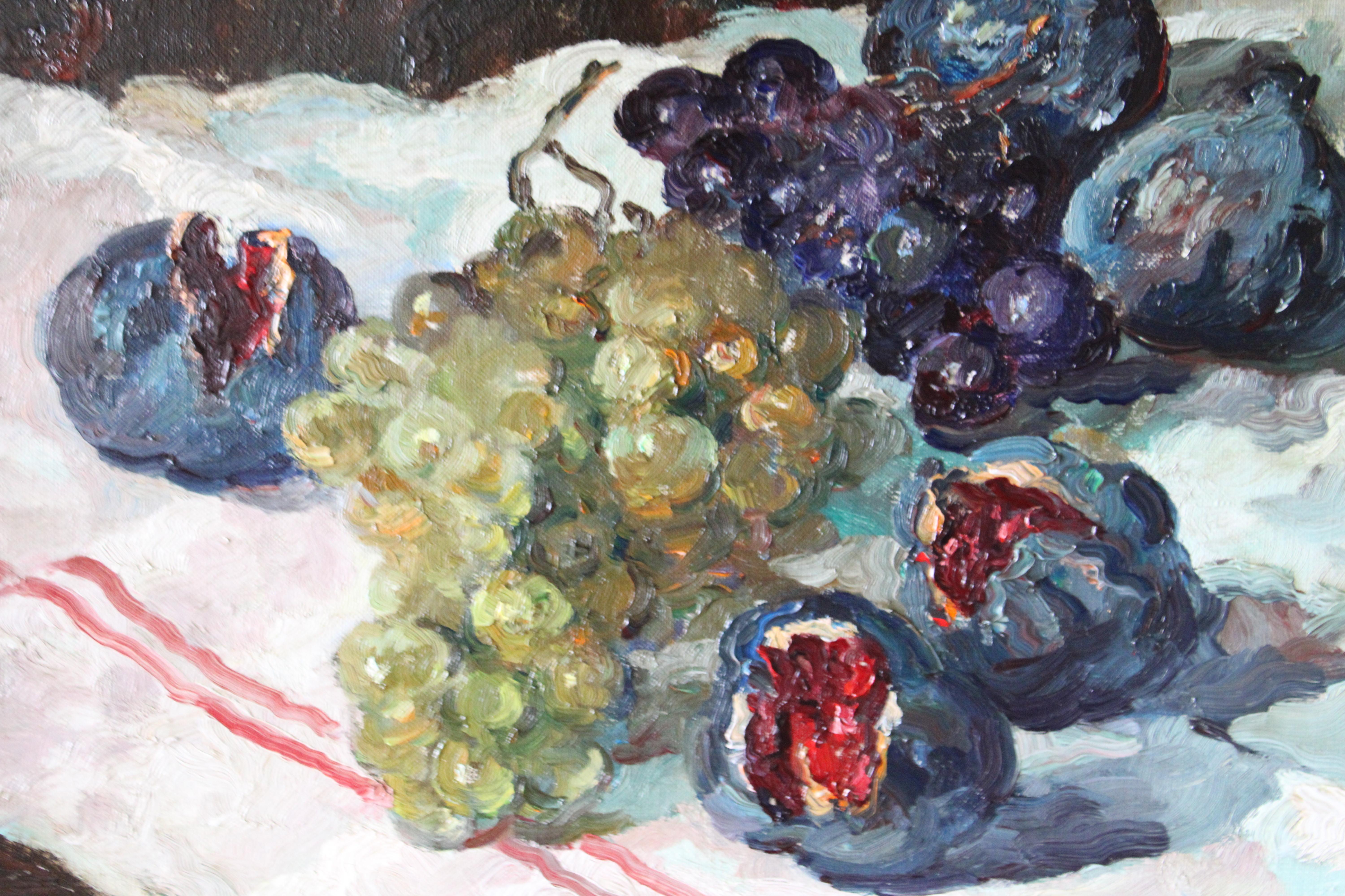 Vintage Impressionist Stillleben Ölgemälde auf Leinwand von Feigen und Trauben im Angebot 6