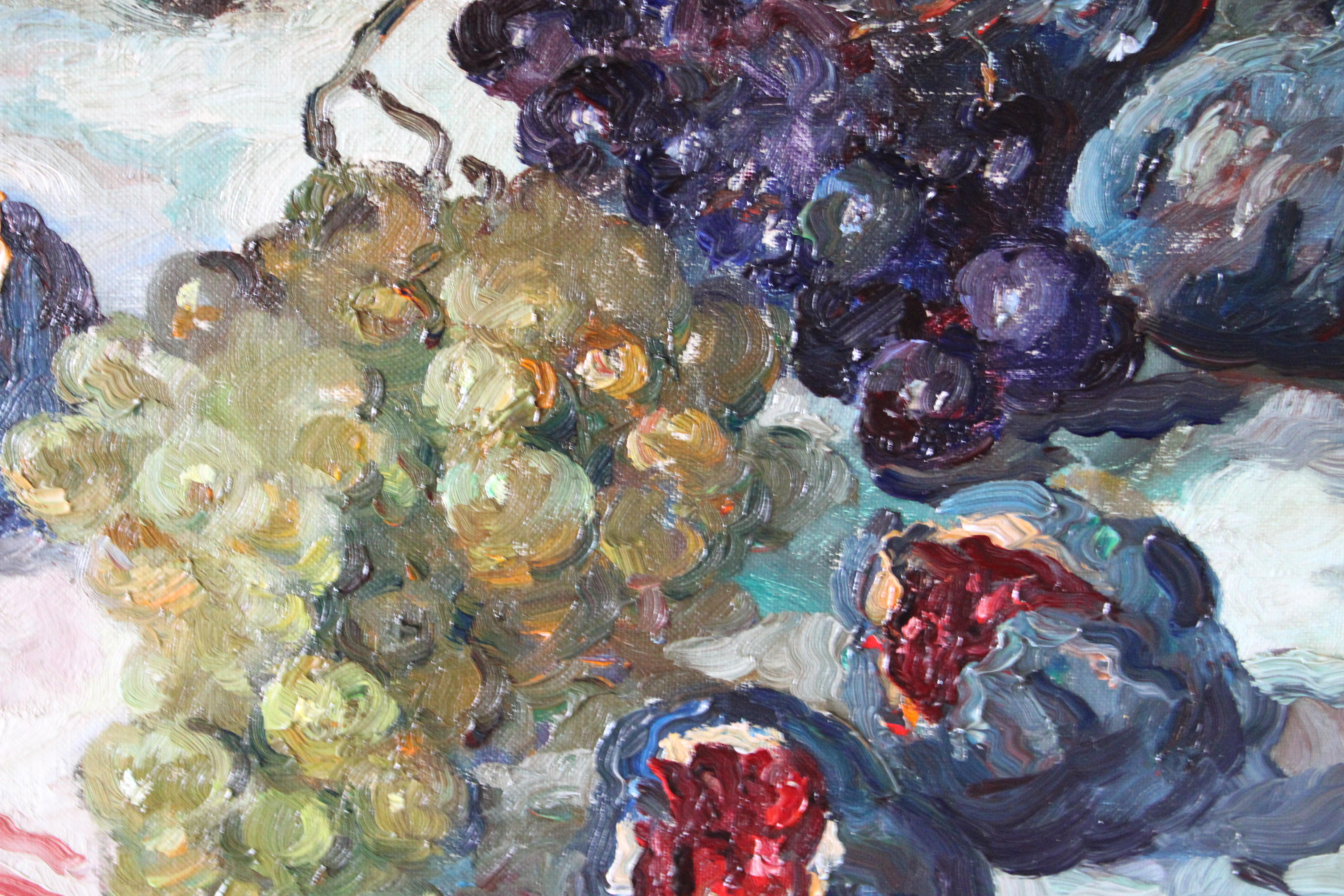 Vintage Impressionist Stillleben Ölgemälde auf Leinwand von Feigen und Trauben im Angebot 7