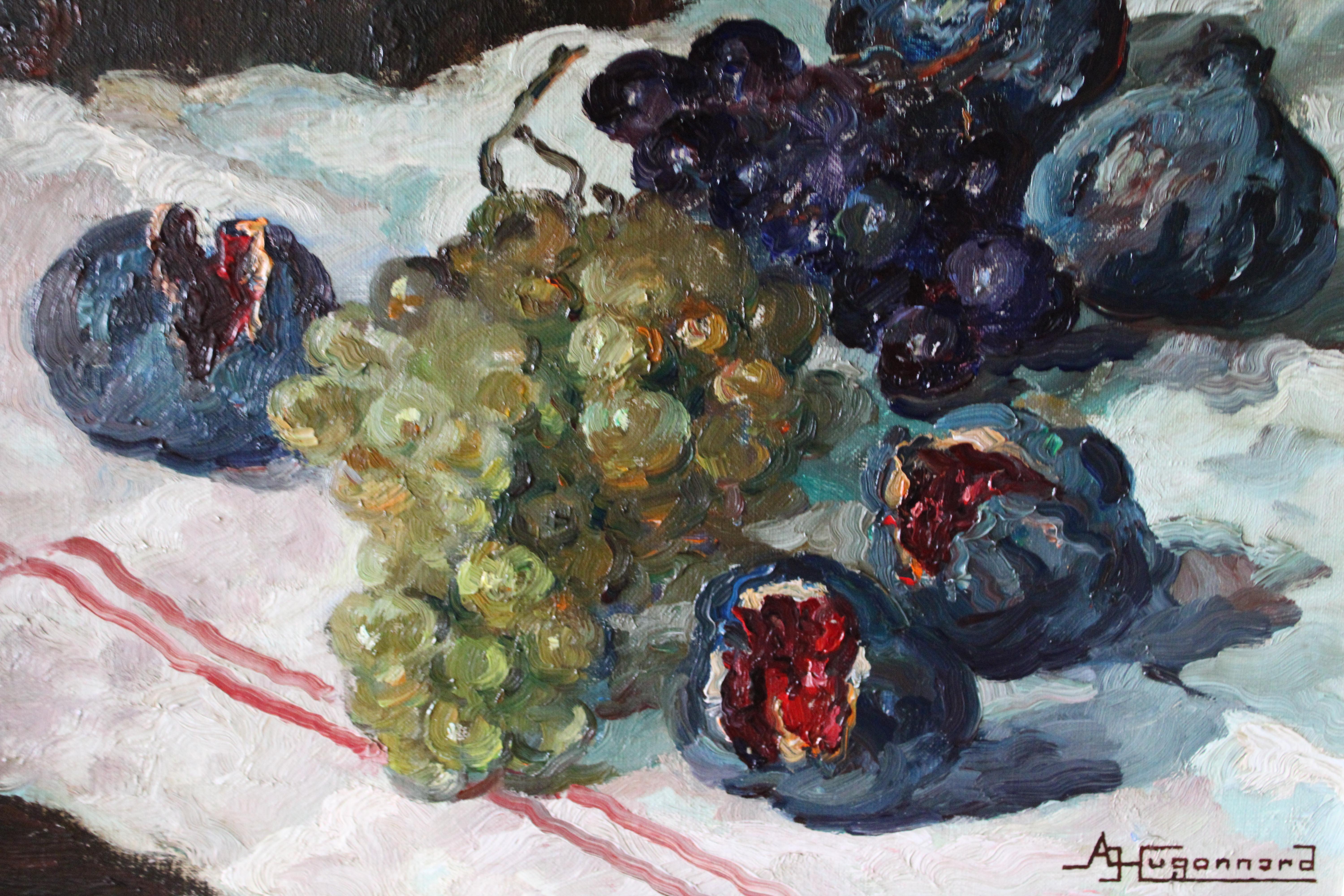 Vintage Impressionist Stillleben Ölgemälde auf Leinwand von Feigen und Trauben – Painting von Adeline Hugonnard
