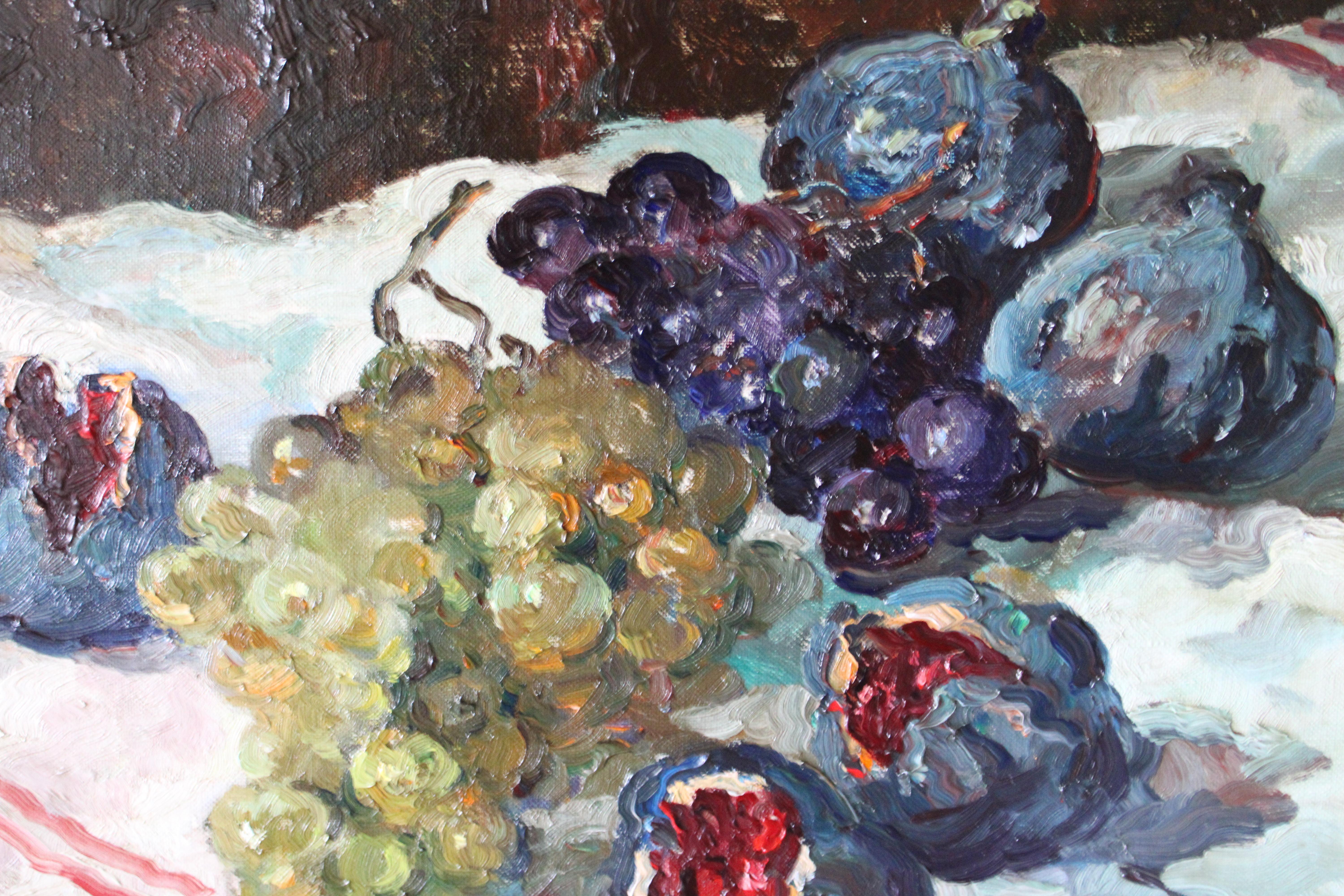 Vintage Impressionist Stillleben Ölgemälde auf Leinwand von Feigen und Trauben (Post-Impressionismus), Painting, von Adeline Hugonnard