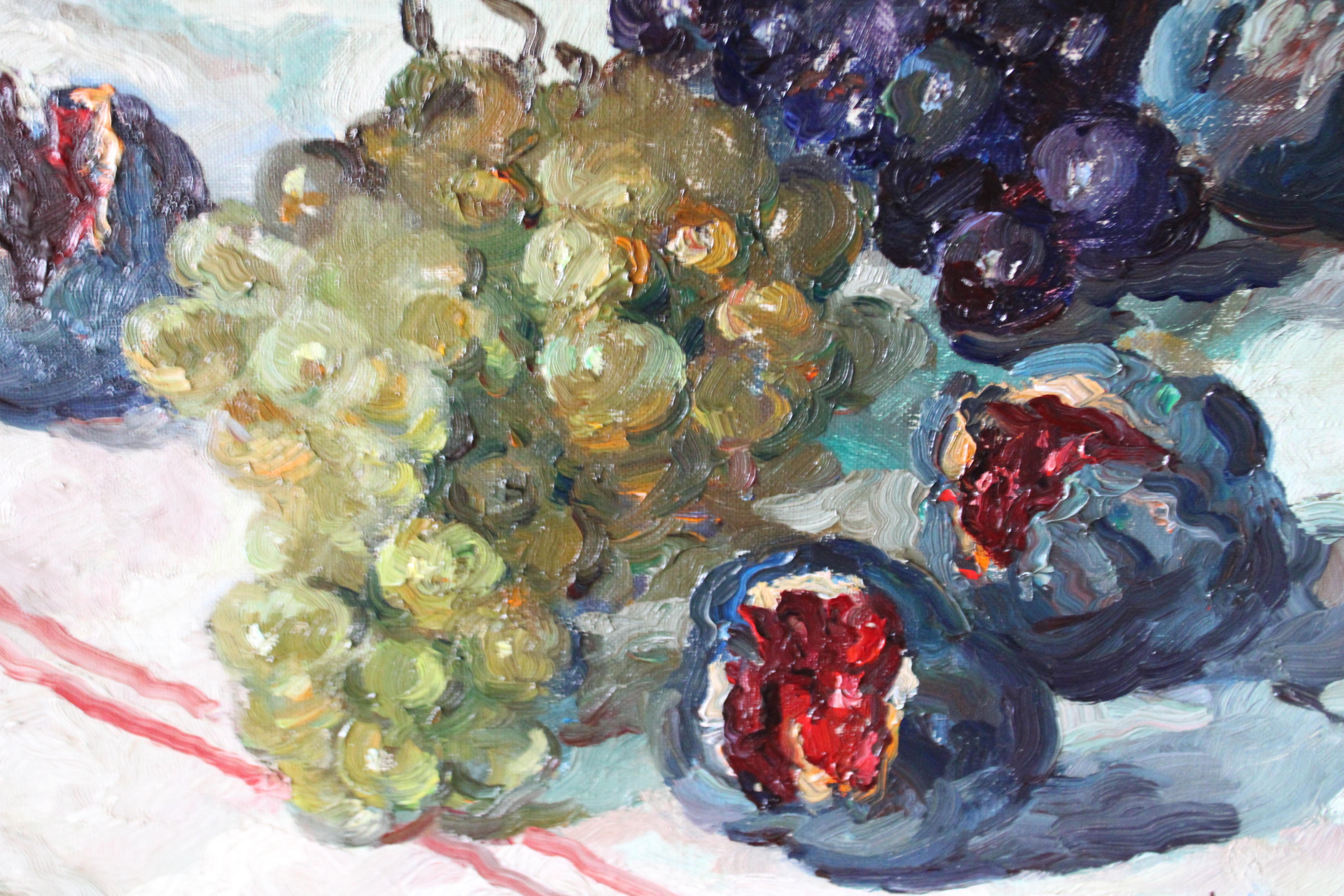 Vintage Impressionist Stillleben Ölgemälde auf Leinwand von Feigen und Trauben (Braun), Still-Life Painting, von Adeline Hugonnard