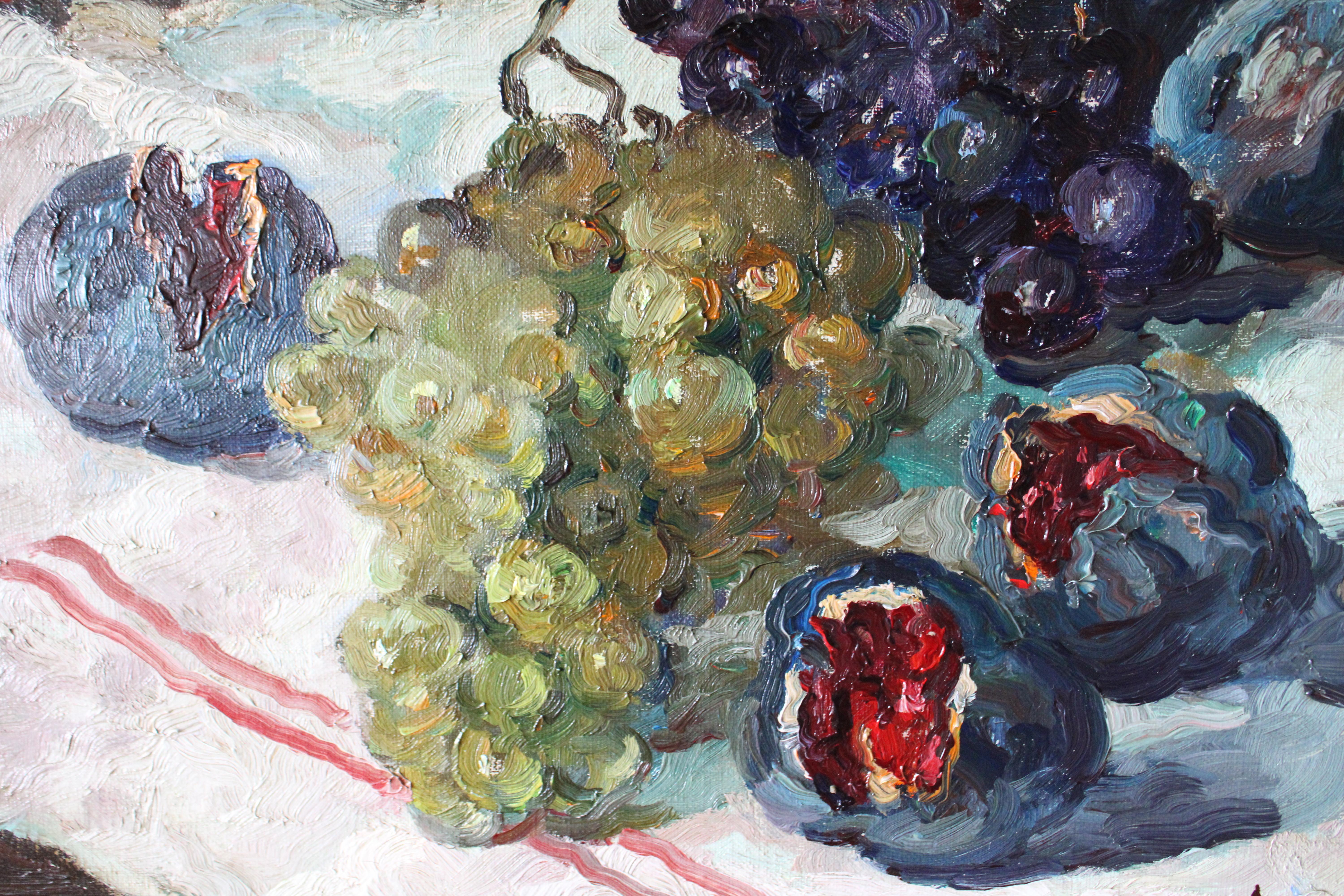 Ölgemälde auf Leinwand, Mitte des Jahrhunderts, signiert unten rechts Adeline Hugonnard (1906-1987).  Ein reich strukturiertes Stillleben mit Feigen und Weintrauben mit einer Fülle von wirbelnden Pinselstrichen, die sich lebendig und strukturiert