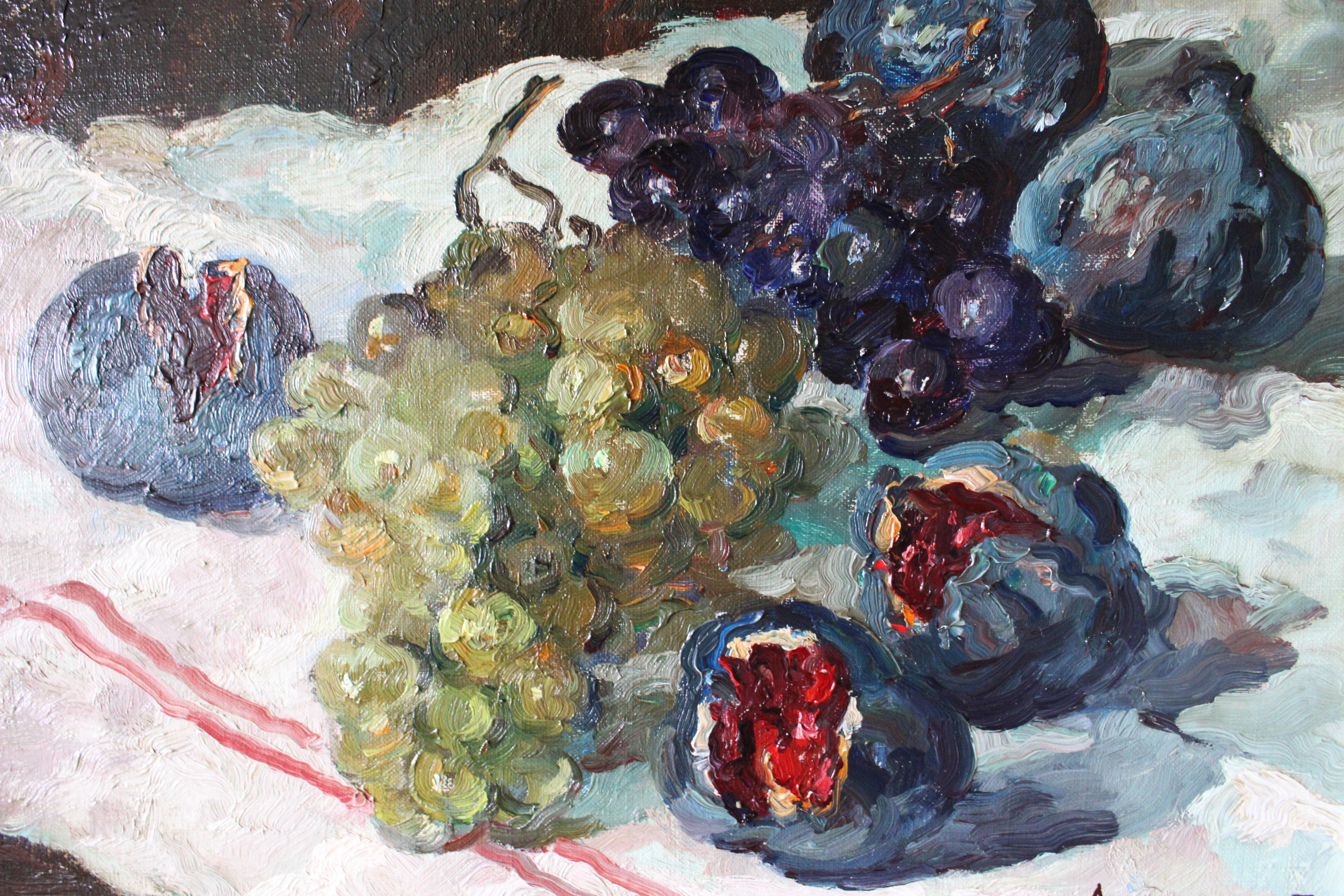 Vintage Impressionist Stillleben Ölgemälde auf Leinwand von Feigen und Trauben im Angebot 1